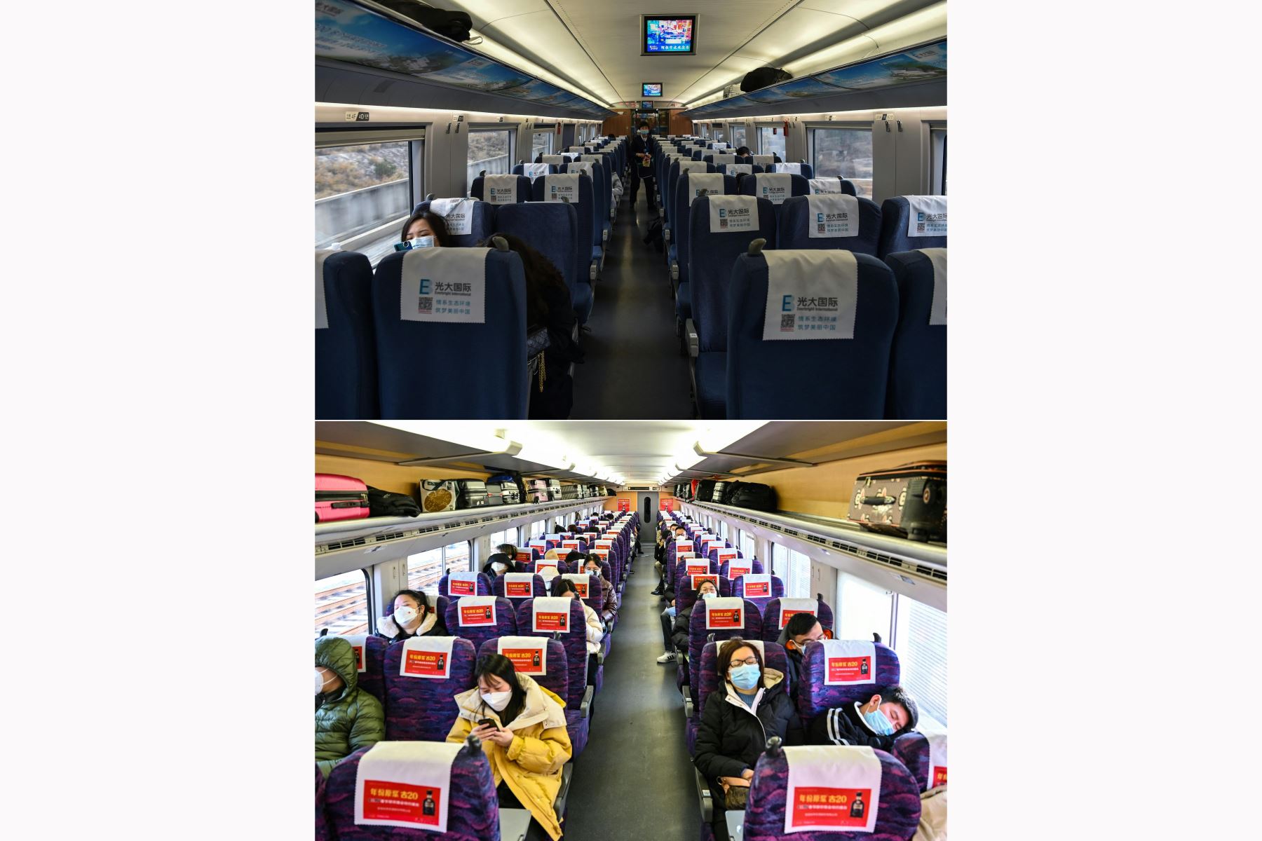 Esta combinación de imágenes muestra (arriba) personas en un tren casi vacío antes del año nuevo lunar entre Shanghái y Wuhan en enero del 2020, y (abajo) pasajeros en un tren ocupado mientras la gente viaja para las vacaciones del año nuevo lunar de Shanghái a Wuhan en enero del 2023. Foto: AFP