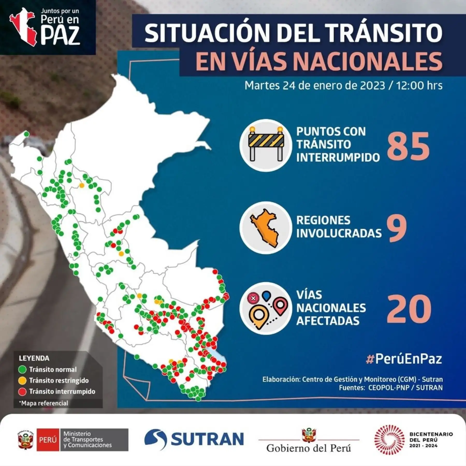 Mapa interactivo de Sutran señala85 vías de la Red Nacional con tránsito interrumpido en 9 regiones