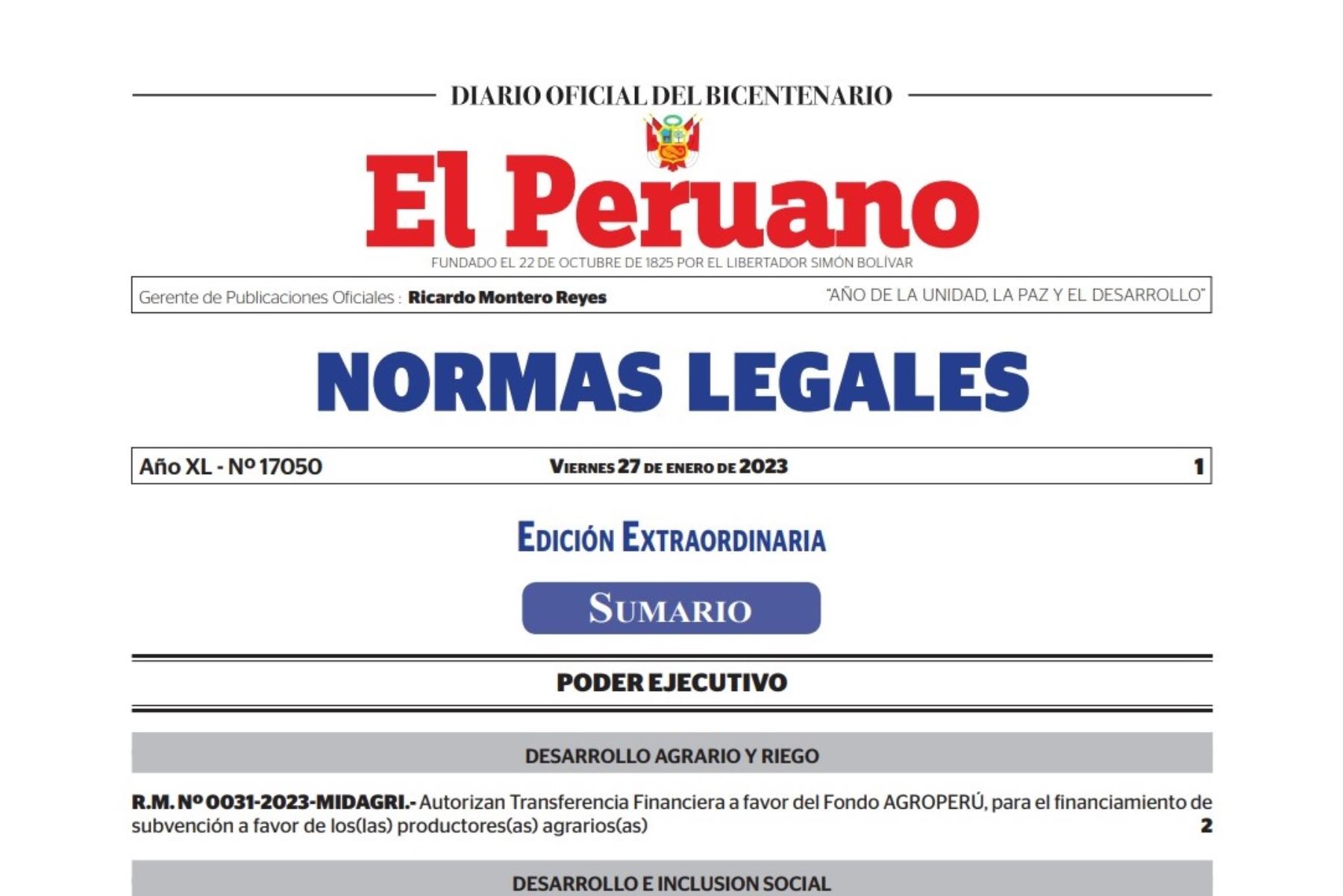 Edición extraordinaria del cuadernillo de Normas Legales del Diario Oficial El Peruano. Imagen: ANDINA.