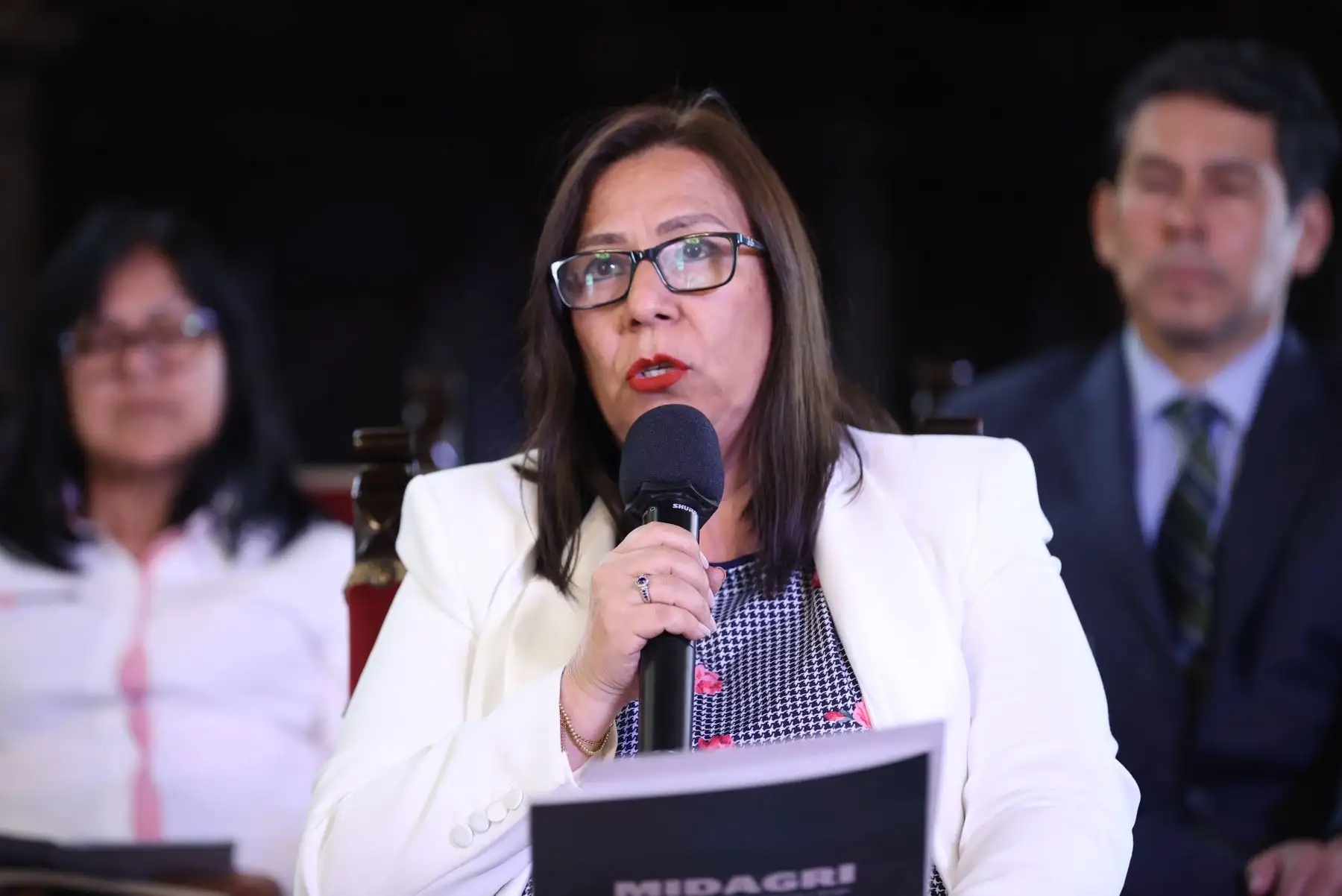 Intervención de la Ministra de Desarrollo Agrario y Riego, Nelly Paredes del Castillo, durante la conferencia de prensa que brindó el gabinete de ministros para dar a dar a conocer los avances de gestión tras más de dos meses al frente del Poder Ejecutivo. 
Foto: ANDINA/PCM