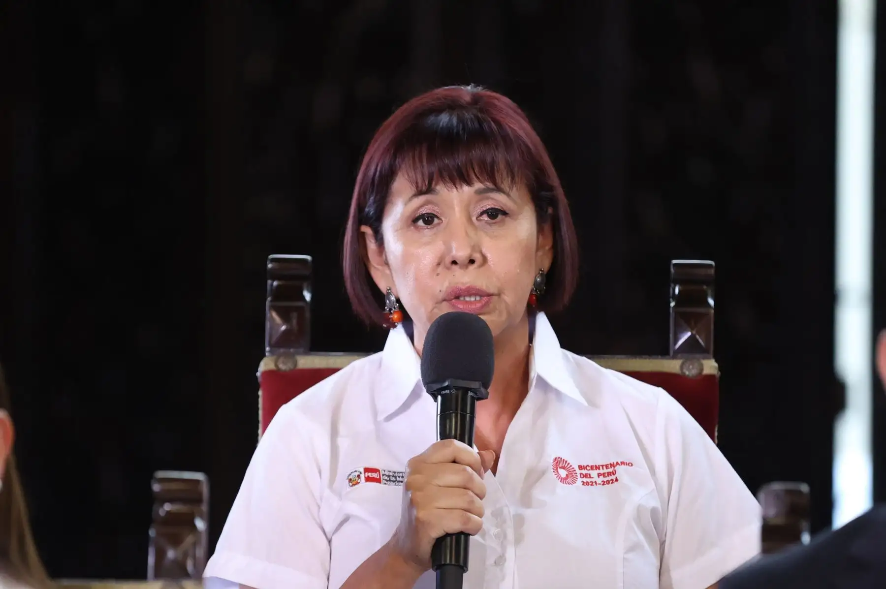 Intervención de la Ministra de la Mujer y Poblaciones Vulnerables, Nancy Tolentino Gamarra, durante la conferencia de prensa que brindó el gabinete de ministros para dar a dar a conocer los avances de gestión tras más de dos meses al frente del Poder Ejecutivo. 
Foto: ANDINA/PCM