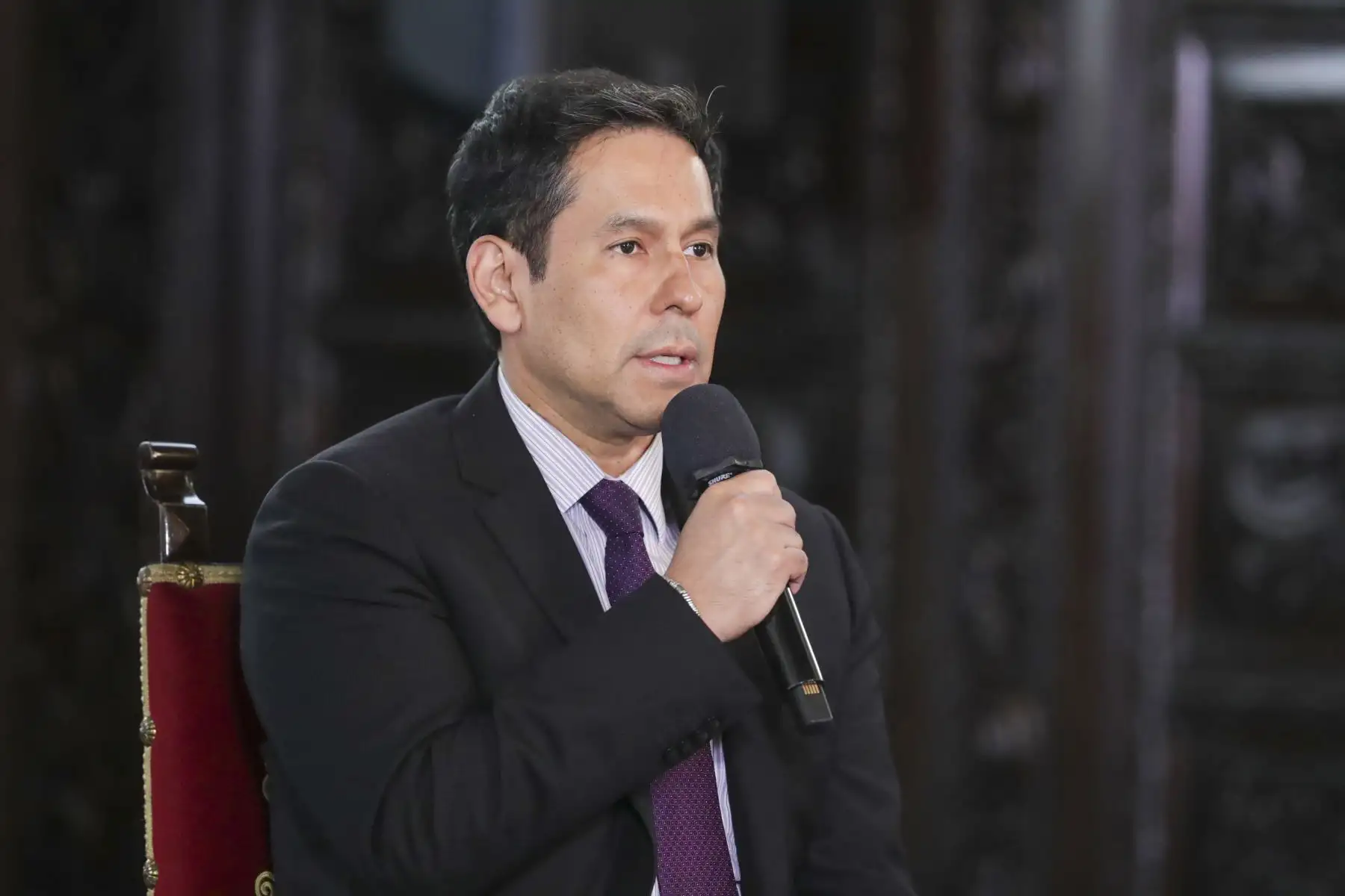 Intervención del Ministro de Desarrollo e Inclusión Social, Luis Demarini, durante la conferencia brindada por la presidenta Dina Boluarte anunciando las medidas para impulsar el crecimiento y desarrollo de la región Puno.
Foto: ANDINA/PCM