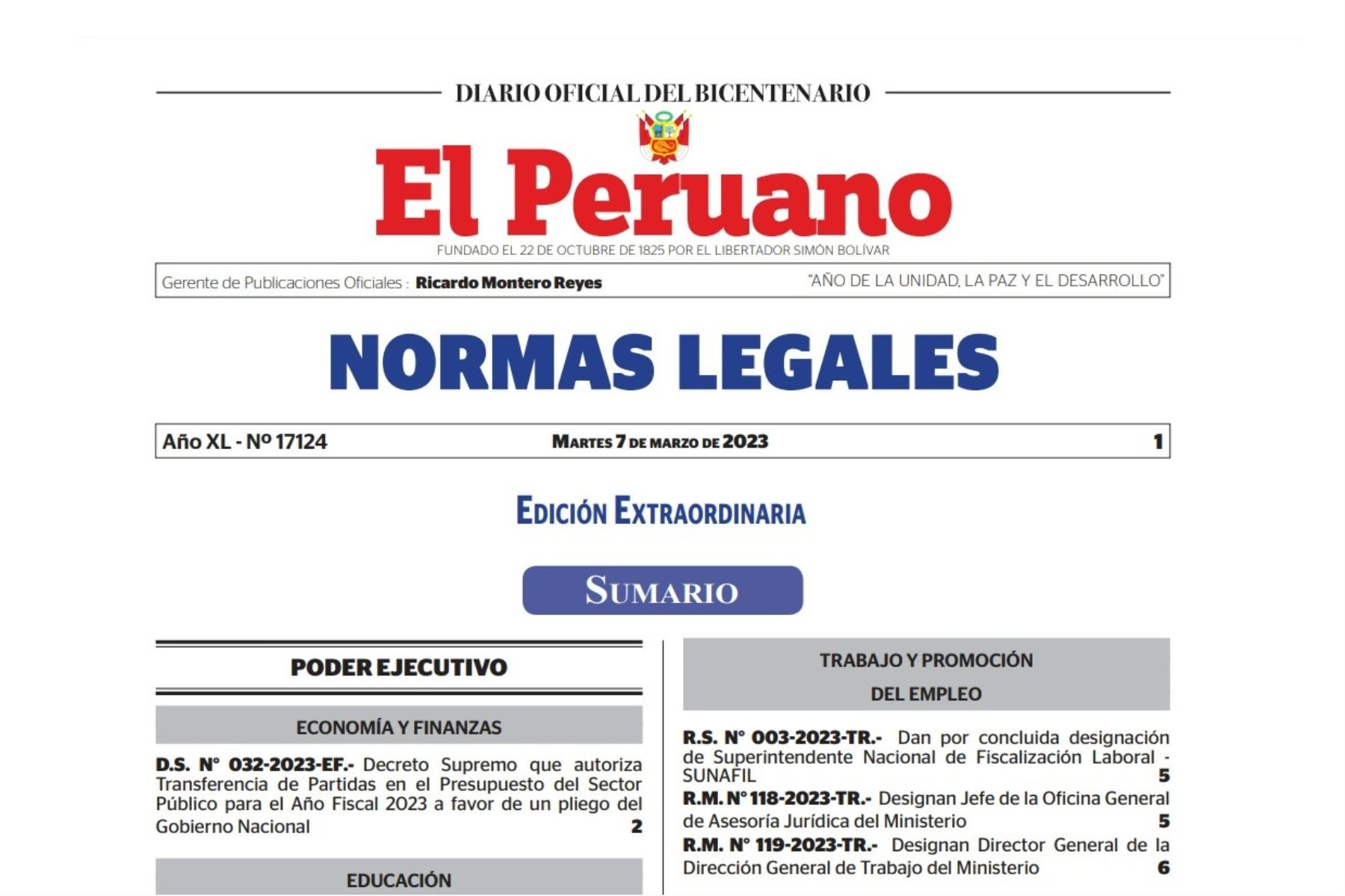 Edición extraordinaria del cuadernillo de Nornas Legales del Diario Oficial El Peruano.