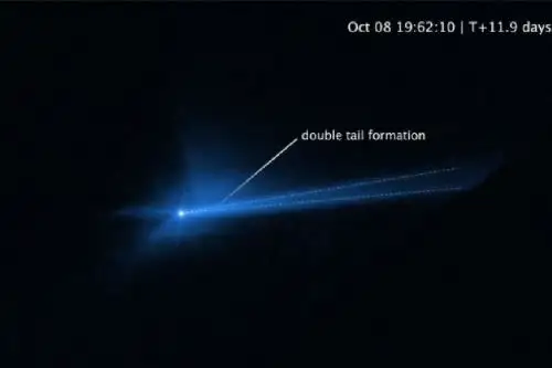 Al estrellarse de frente contra el asteroide a 20.900 kilómetros por hora, la nave impactadora DART desprendió más de 1.000 toneladas de polvo y roca del asteroide. Foto:NASA.