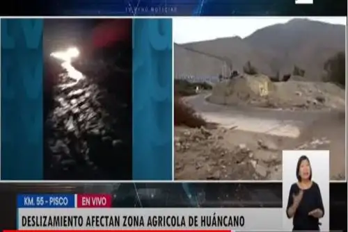 Pisco: vía Los Libertadores bloqueada por caída de agua, lodo y piedras debido a lluvias.