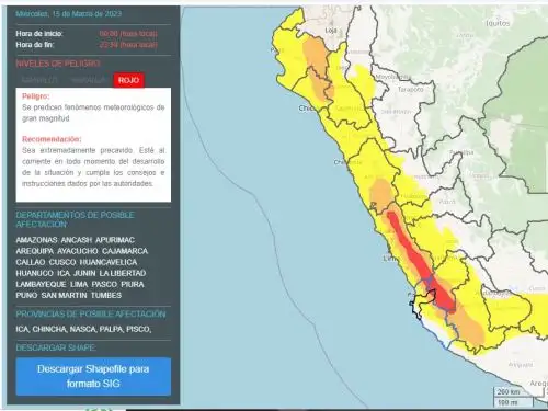 Desde hoy miércoles 15 hasta el viernes 17 de marzo se presentarán lluvias extremas en la sierra de Lima, Ica, Huancavelica y el sur de Ayacucho, alertó el Senamhi.