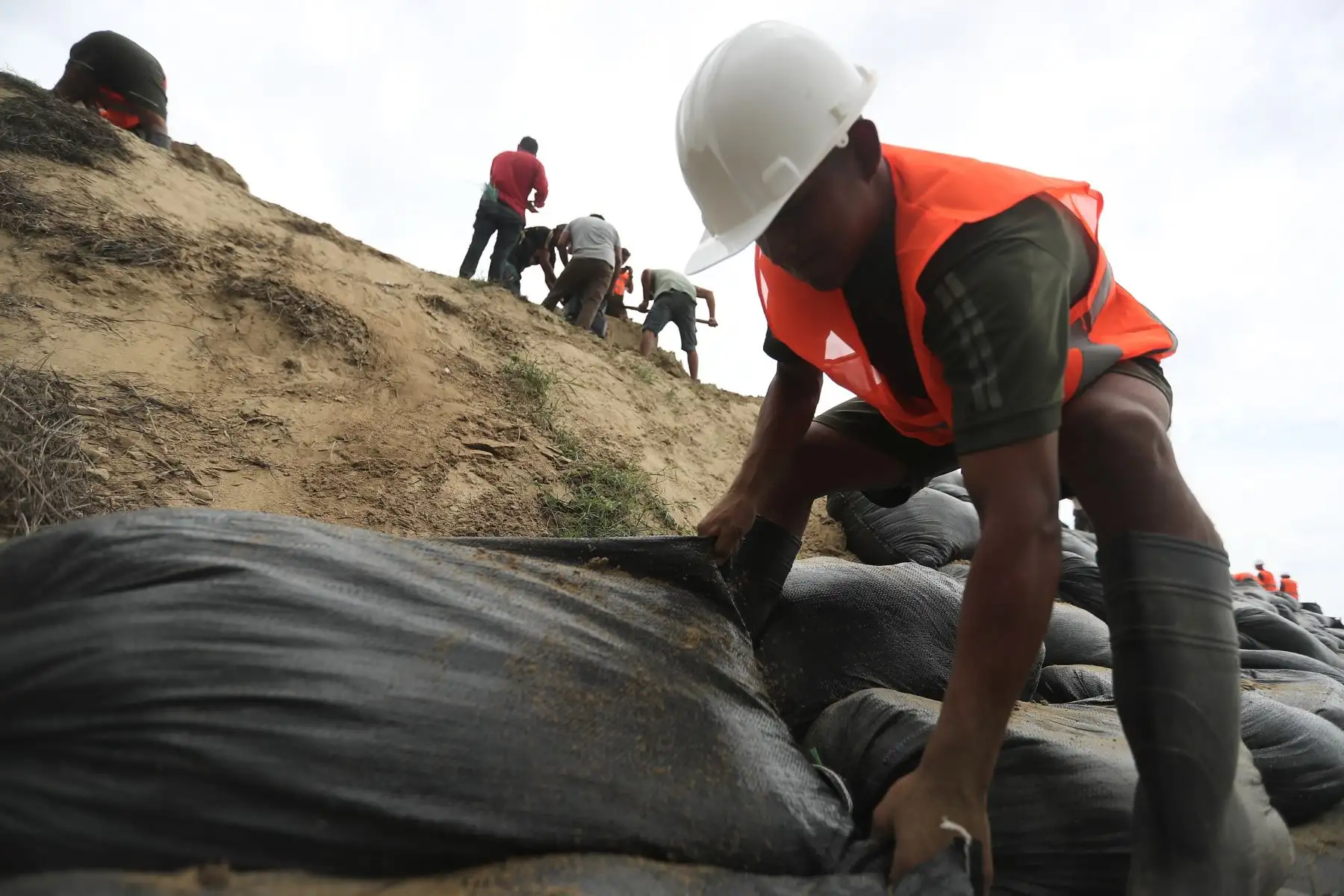 Ejército Peruano y pobladores del Bajo Piura unen fuerzas para colocar sacos de arena  en la ribera del río Piura, a manera de prevención ante en crecimiento del caudal a la altura del puente Independencia, en el  distrito distrito de Catacaos.

Foto: ANDINA/Ricardo Cuba