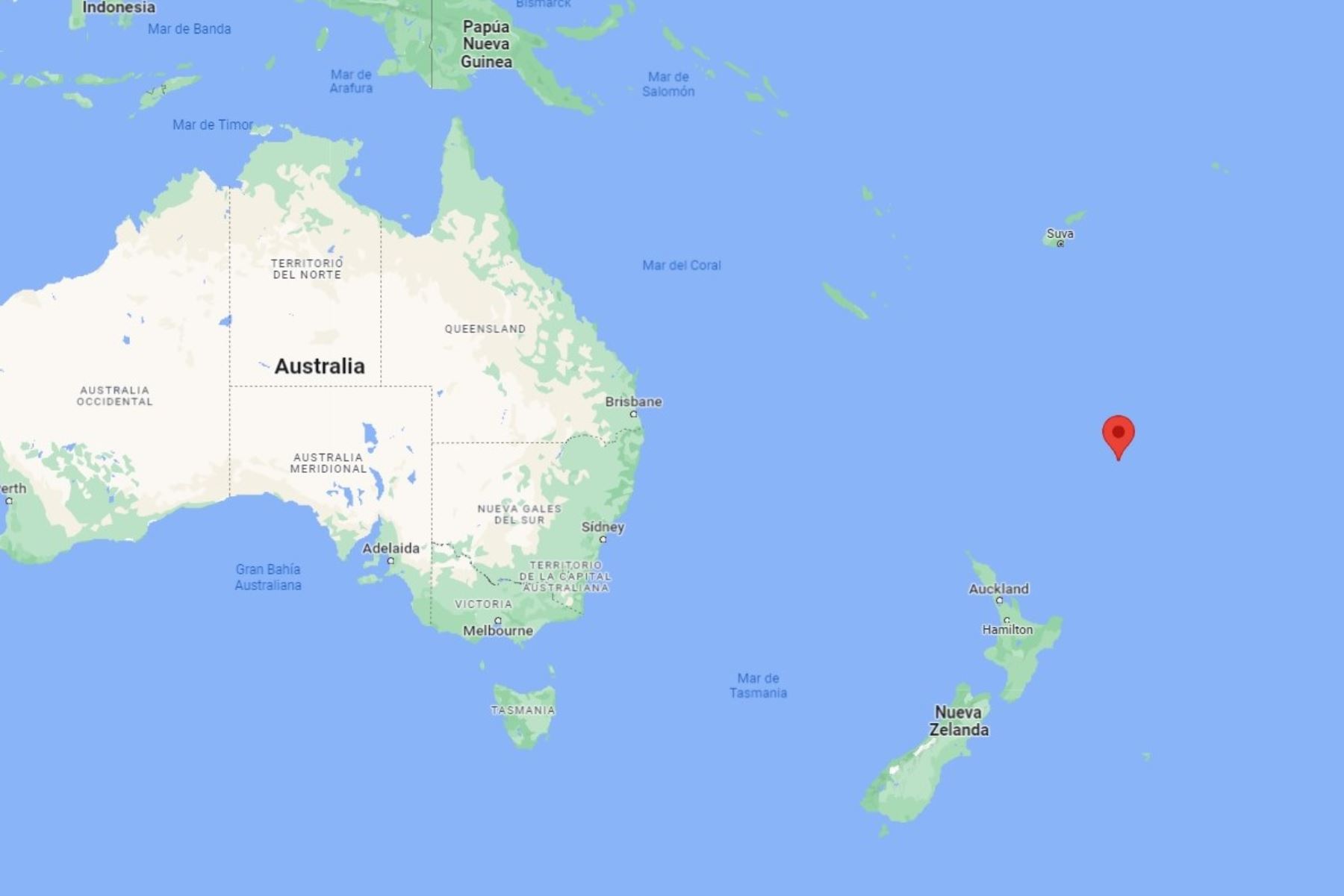 Zona del terremoto registrado este jueves (por diferencia horario) en el mar de Nueva Zelanda. Imagen: Google Maps.