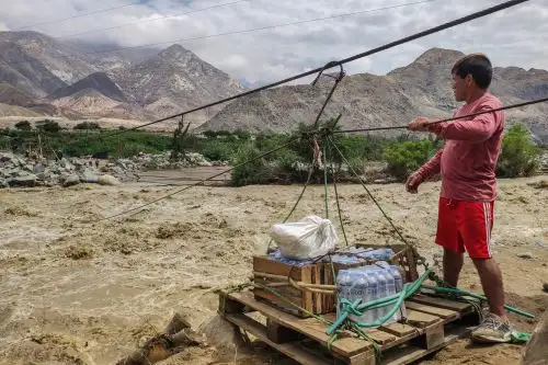 Vecinos del centro poblado de Huancar improvisaron una oroya para poder abastecerse de alimentos. ANDINA/Daniel Bracamonte