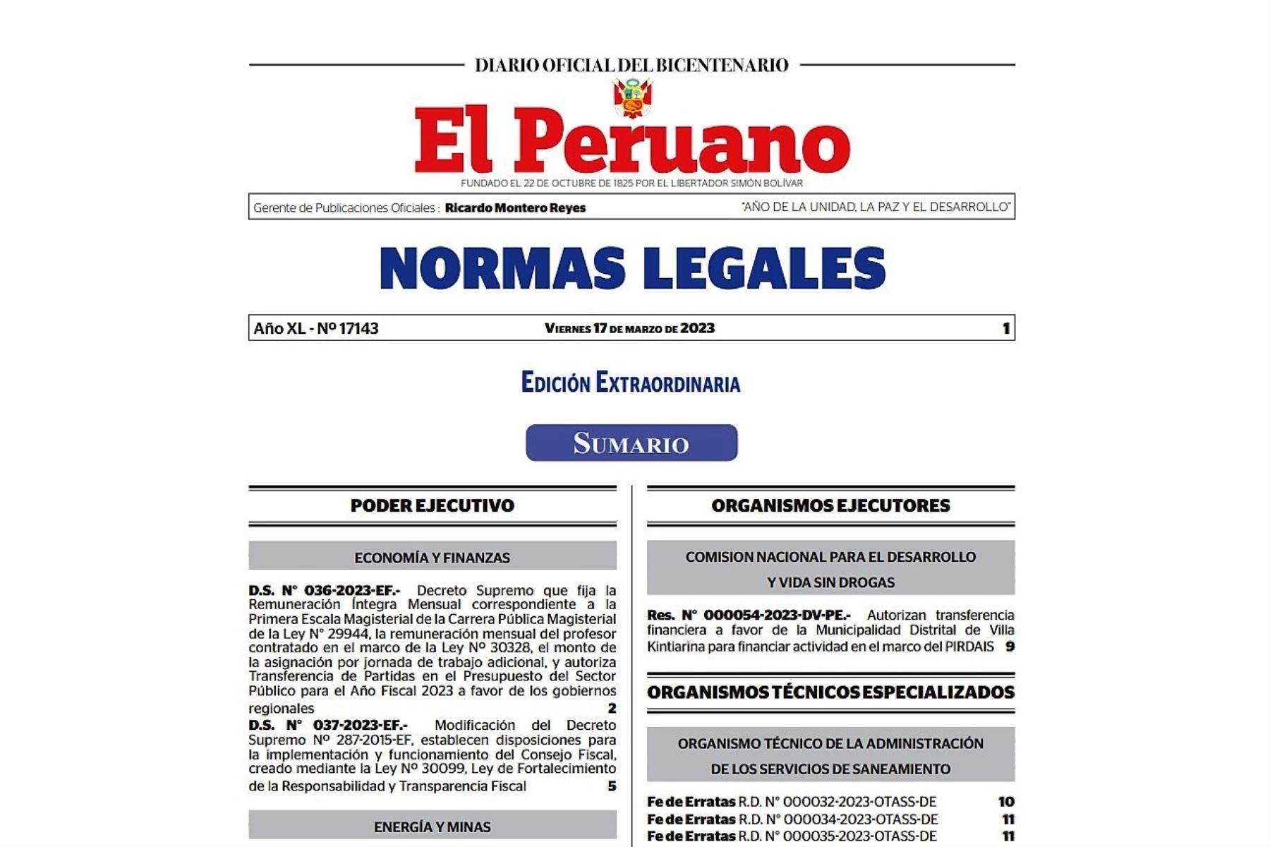 Edición extraordinaria del cuadernillo de Normas Legales del Diario Oficial El Peruano. Foto: ANDINA