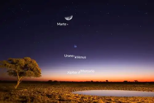 Ilustración de la alineación planetaria en la noche del 28 de marzo, vista desde el hemisferio norte. La imagen está basada en datos de la aplicación Sky Tonight.