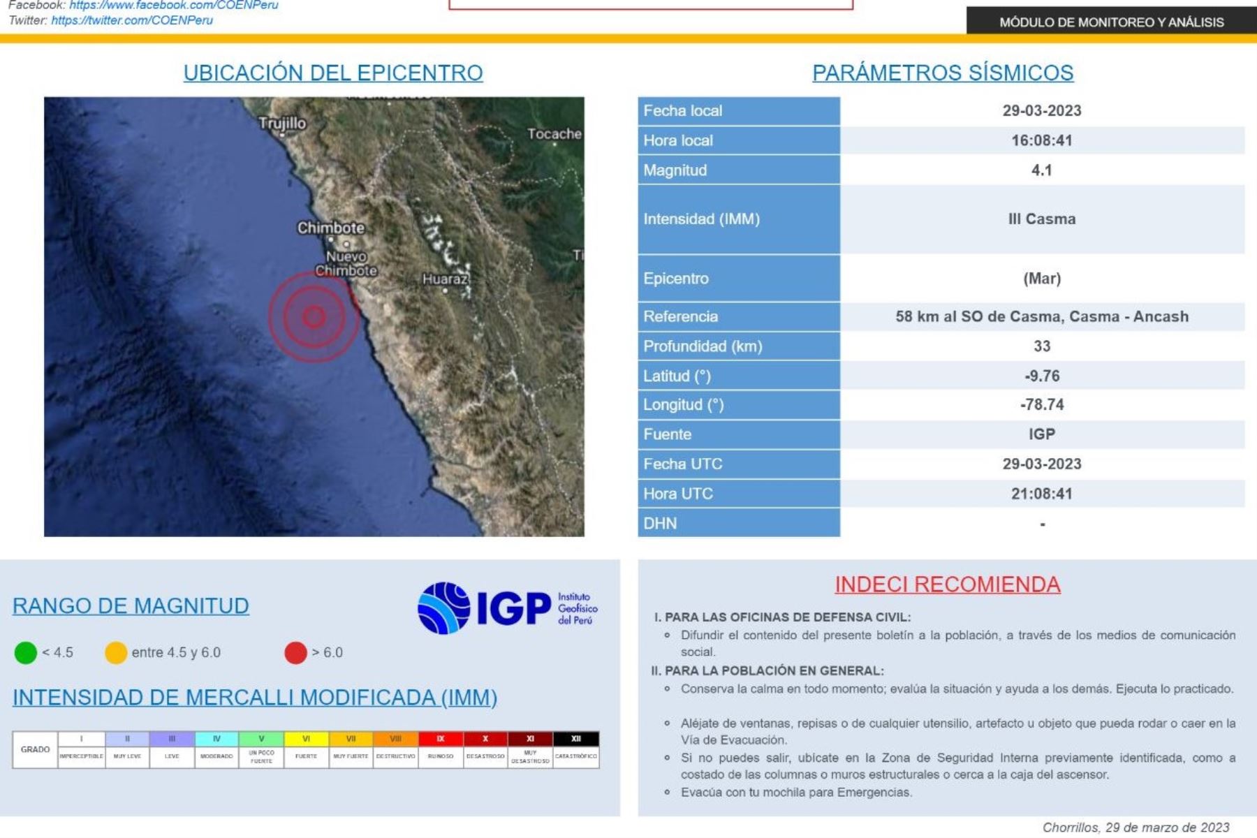Esta tarde se registró un sismo de magnitud 4.1 en la provincia ancashina de Casma.