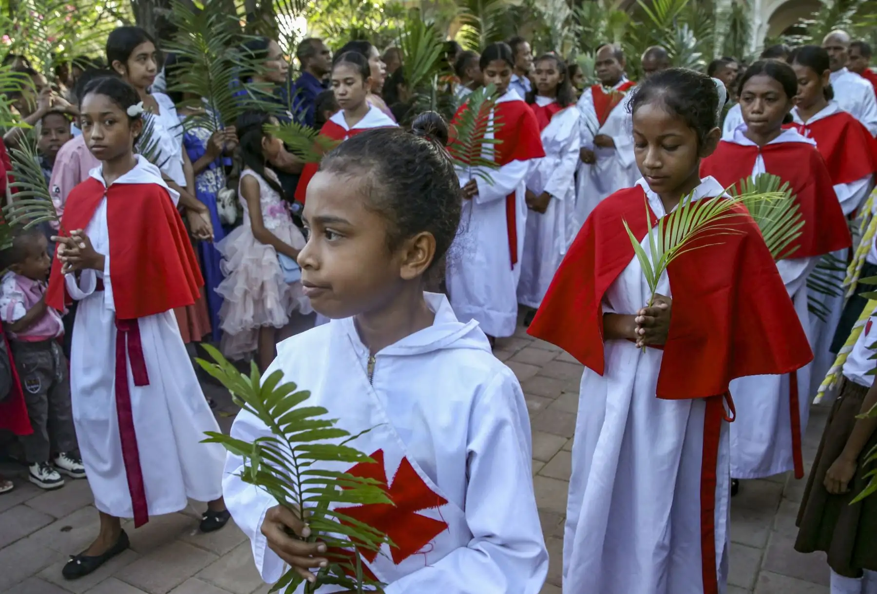 Los devotos católicos sostienen hojas de palma mientras celebran el Domingo de Ramos en una iglesia en Dili, Timor Oriental, también conocida como Timor Leste. Domingo de Ramos para los devotos católicos simbólicamente marca el relato bíblico de la entrada de Jesucristo en Jerusalén, señalando el inicio de la Semana Santa. Foto: EFE