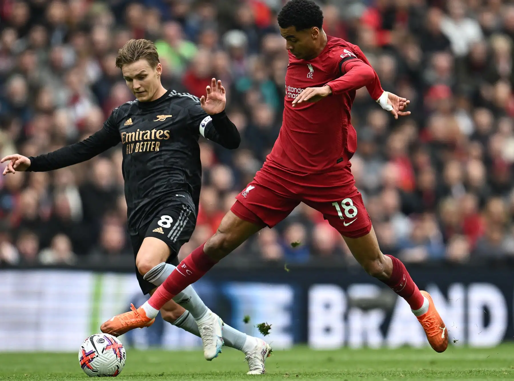 El mediocampista noruego del Arsenal, Martin Odegaard, compite con el delantero holandés del Liverpool, Cody Gakpo, durante el partido de fútbol de la Premier League inglesa entre el Liverpool y el Arsenal en Anfield en Liverpool, noroeste de Inglaterra. Foto: AFP