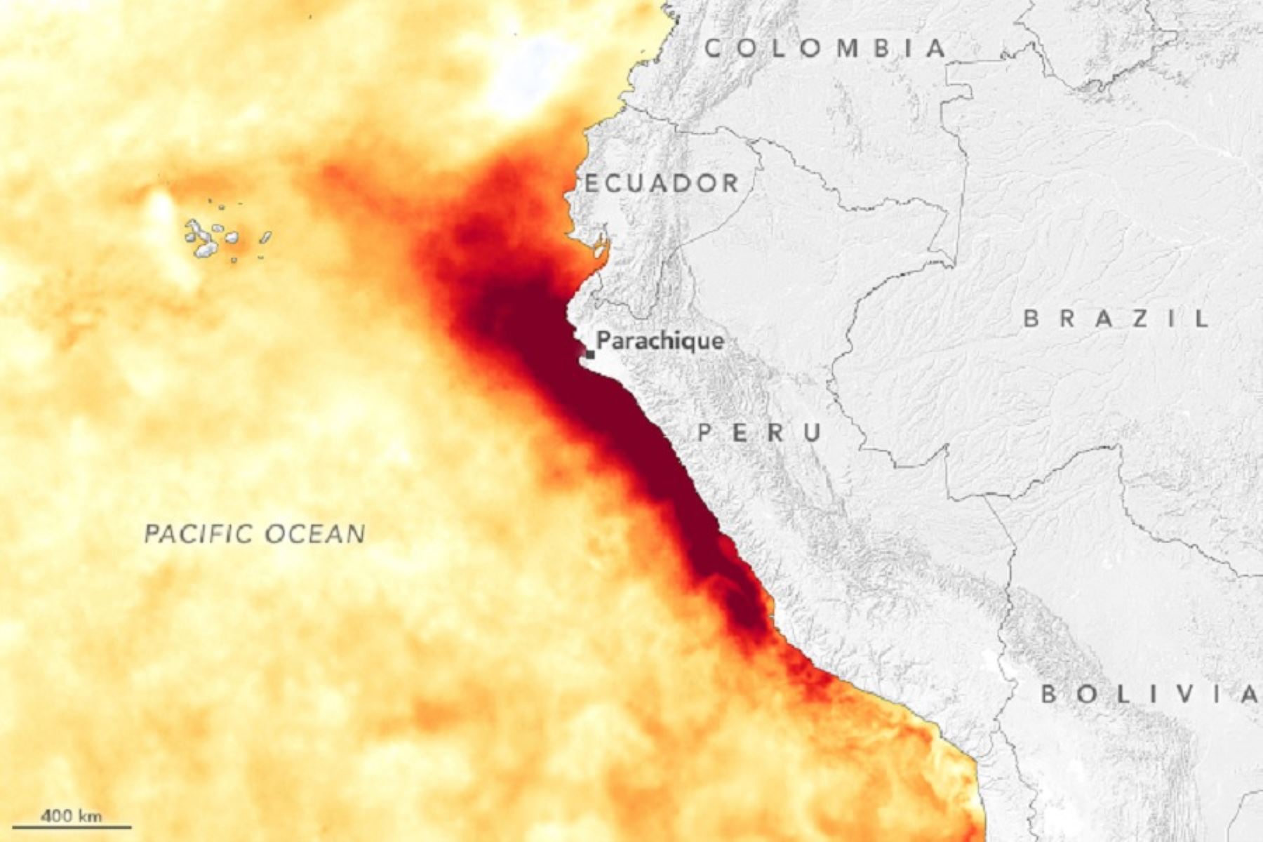 Imagen satelital de la NASA que muestra anomalías en la temperatura de la superficie del mar frente a la costa de Perú.