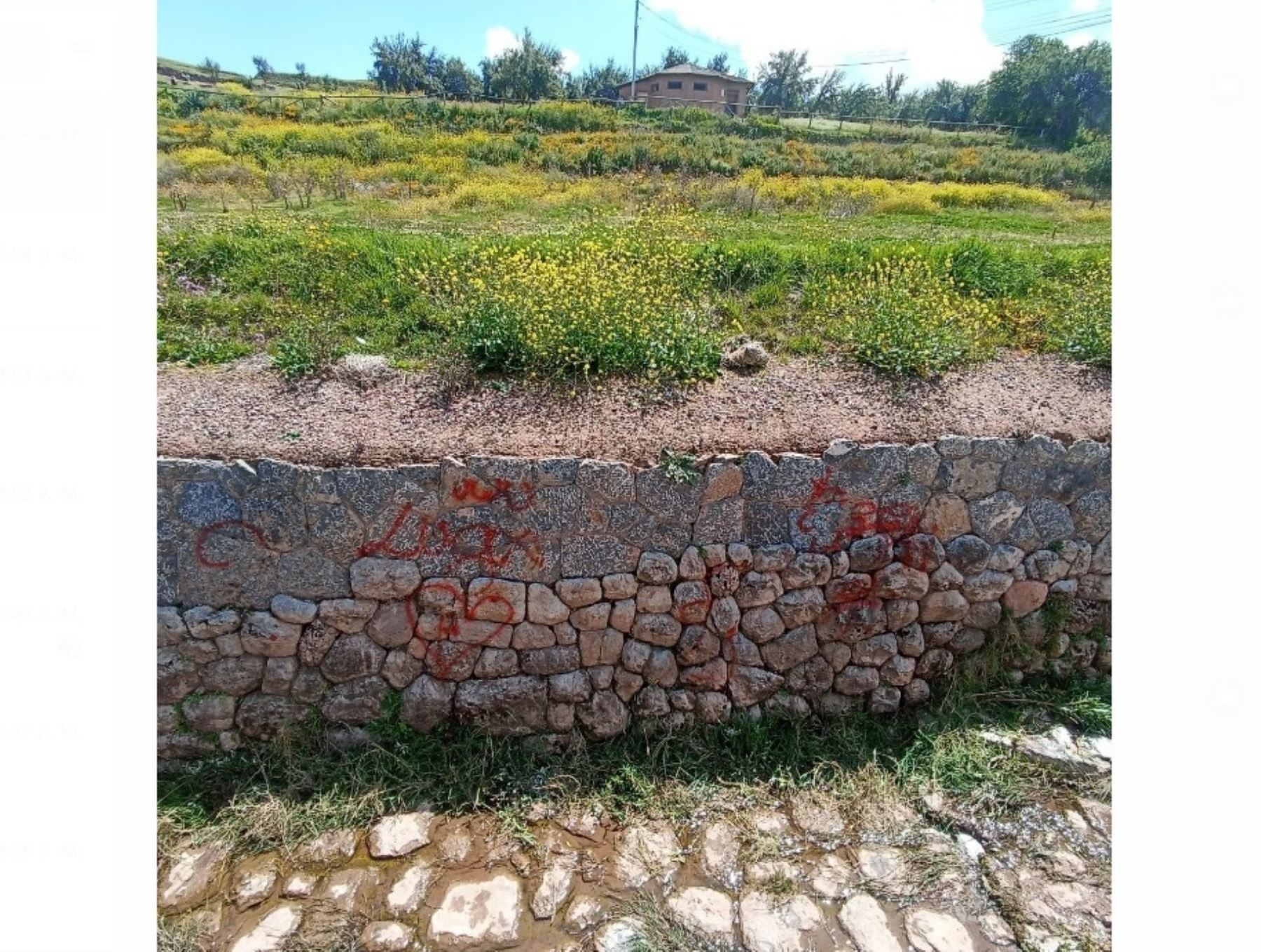 Atentado contra el patrimonio cultural. Desconocidos pintaron con aerosol un muro inca de canal ubicado en el parque arqueológico Sacsayhuamán, en Cusco. ANDINA/Difusión