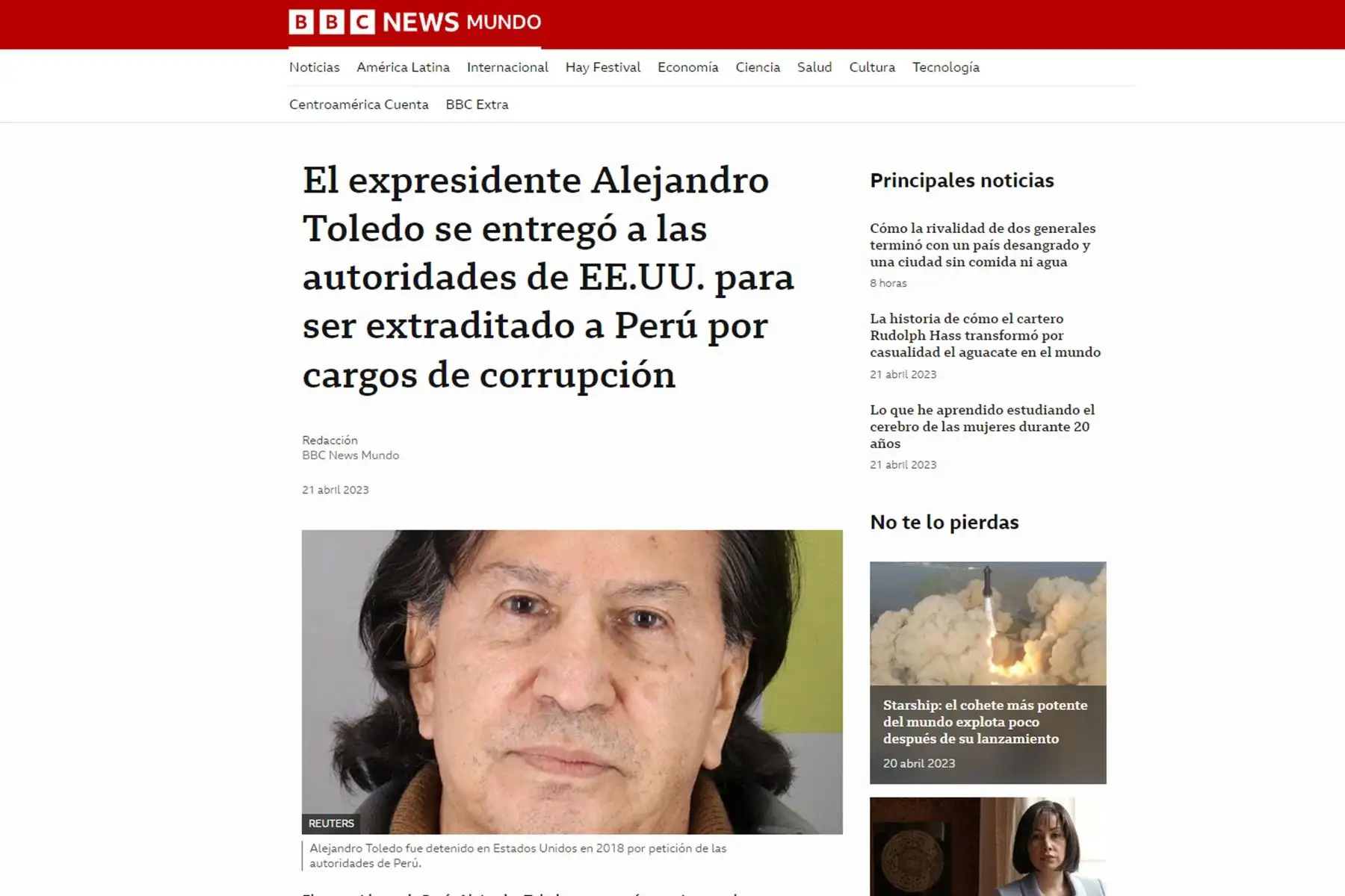 Extradición del ex presidente peruano, Alejandro Toledo, en los principales portales de noticias internacionales  Foto: INTERNET/Medios