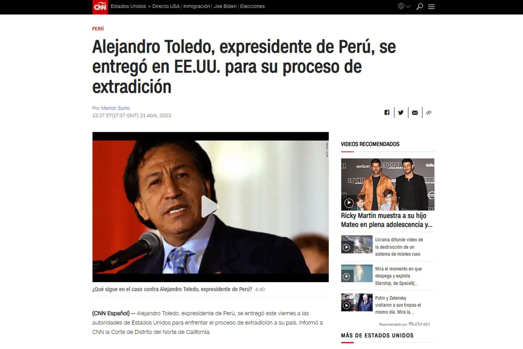 Extradición del ex presidente peruano, Alejandro Toledo, en los principales portales de noticias internacionales  Foto: INTERNET/Medios