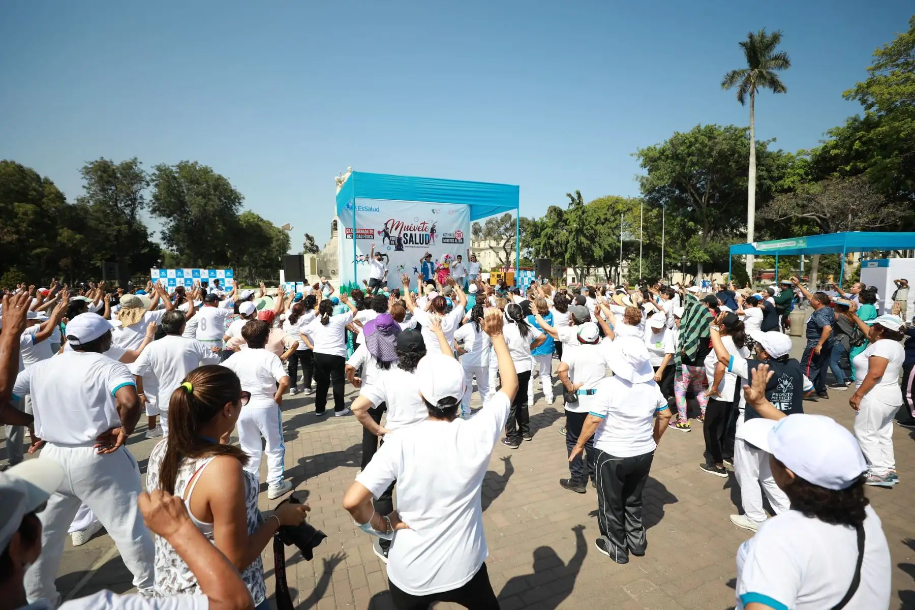 Desde las primeras horas de la mañana, delegaciones de las redes prestacionales Almenara, Rebagliati y Sabogal de EsSalud se instalaron alrededor de la Fuente China de este gran parque capitalino, donde realizaron movimientos de calentamiento, para luego demostrar sus habilidades en el baile y las dinámicas lúdicas que se prepararon para pasar un momento de sana diversión. Foto: ANDINA/EsSalud