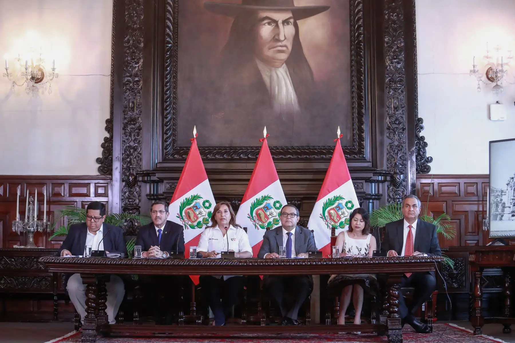 Presidenta Dina Boluarte y ministros de Estado brindan conferencia de prensa para informar sobre las acciones que desarrolla el Gobierno y los acuerdos adoptados en el Consejo de Ministros. Foto:ANDINA/Presidencia