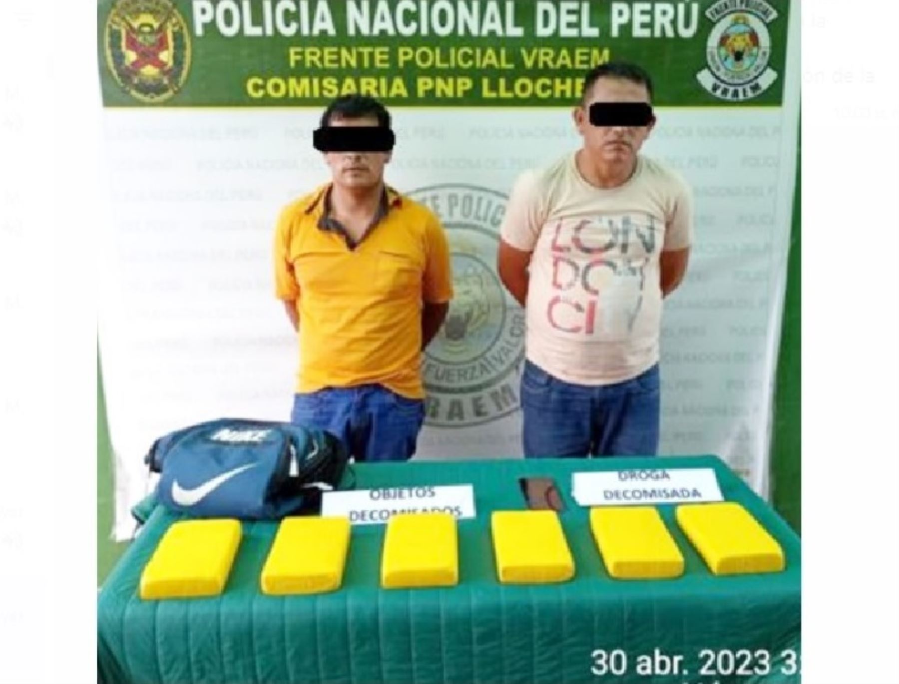 La Policía Nacional detuvo a dos "mochileros", personas que transportaban seis paquetes de alcaloide de cocaína.
