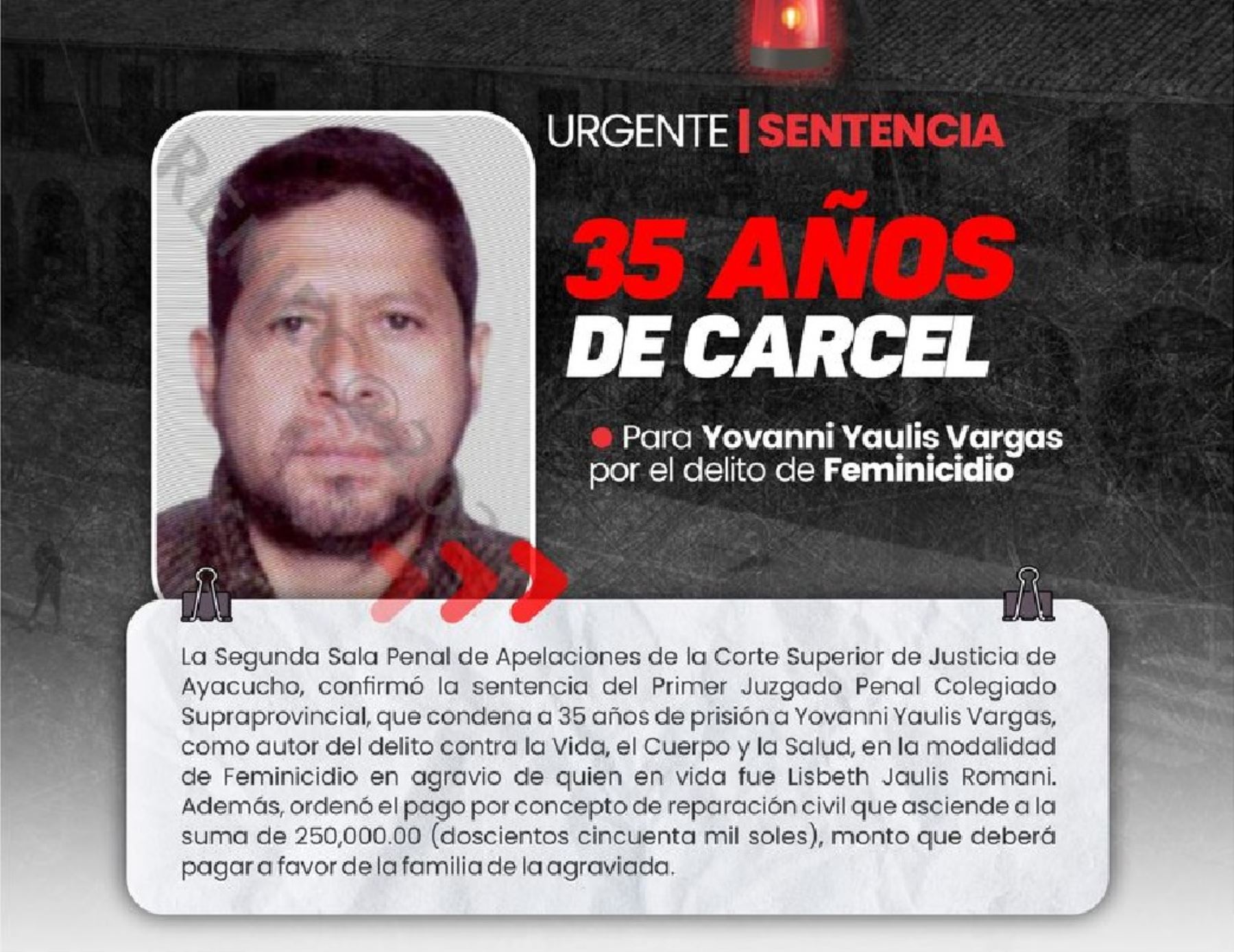 Sala Penal de Apelaciones de la Corte de Ayacucho ratificó condena a 35 años de cárcel a Yovanni Yaulis Vargas, quien asesinó e incineró a su pareja. ANDINA/Difusión