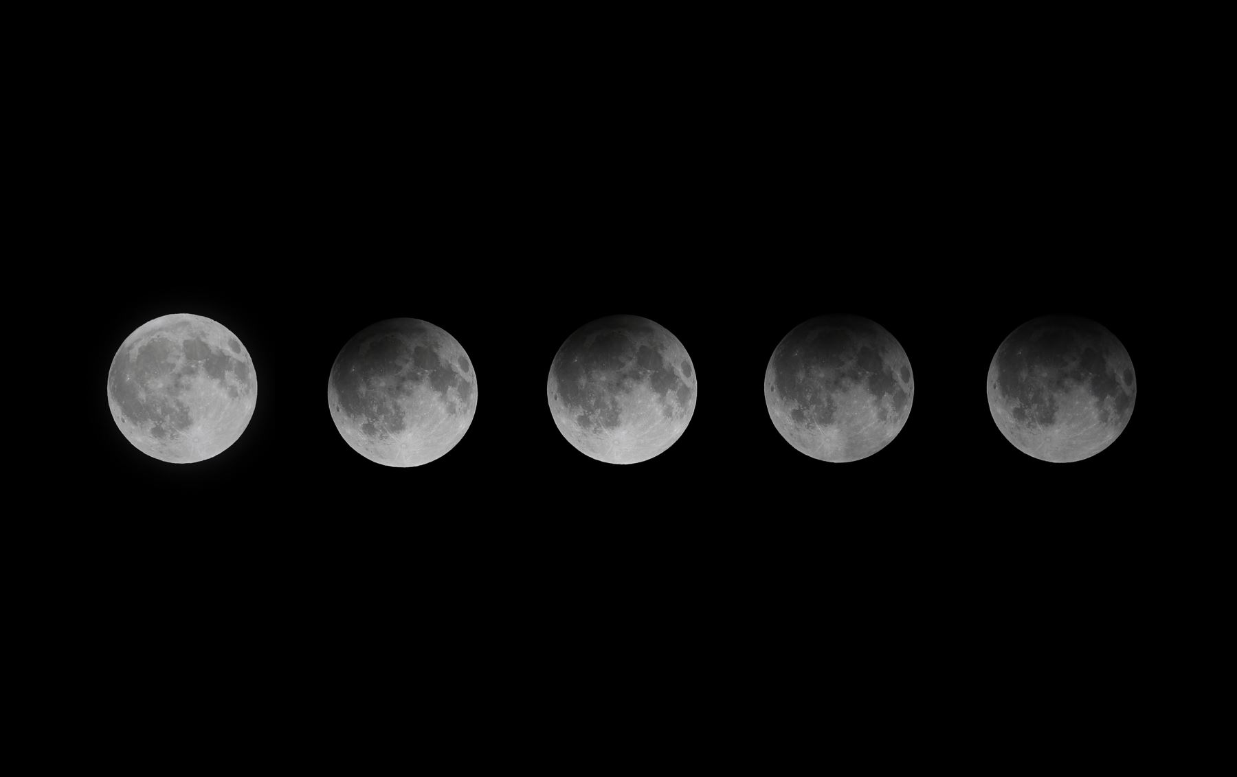 Una foto compuesta quíntuple muestra (de izquierda a derecha) la luna llena durante el eclipse lunar penumbral (del principio al eclipse máximo) en Taipei, Taiwán, el 6 de mayo de 2023.
Foto: EFE