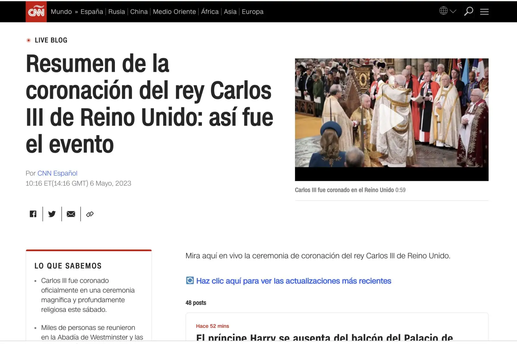 Los principales medios de comunicación del mundo estuvieron atentos a las ceremonia de coronación del Rey Carlos III Foto: Captura TV