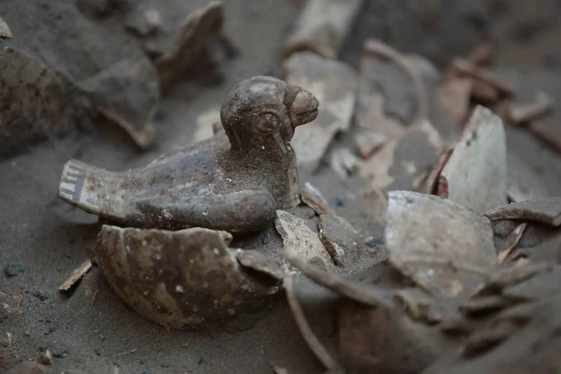 Detalle de una pieza encontrada en el sitio de excavación arqueológica considerado la tumba de un personaje de élite de la cultura Chancay, el 12 de mayo de 2023, en la provincia de Huaral al sur de Lima (Perú). Un grupo de arqueólogos peruanos halló, en un cementerio milenario del norte de Lima, la tumba de un personaje de élite vinculado al mar de la cultura Chancay, que se desarrolló entre los años 1.100 y 1.400 de nuestra era en la costa central del país andino. Foto: EFE