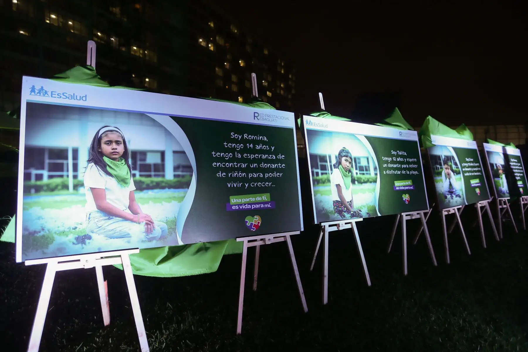En la víspera al Día Nacional del Donante de Órganos y Tejidos  el Seguro Social de Salud  (EsSalud) impulsa la campaña "Una parte de mí, es vida para ti" y realizó una develación de cuadros fotográficos con los rostros de niños y niñas que esperan distintos órganos y un encendido de luces para crear conciencia en la población.
Foto: ANDINA/Ricardo Cuba