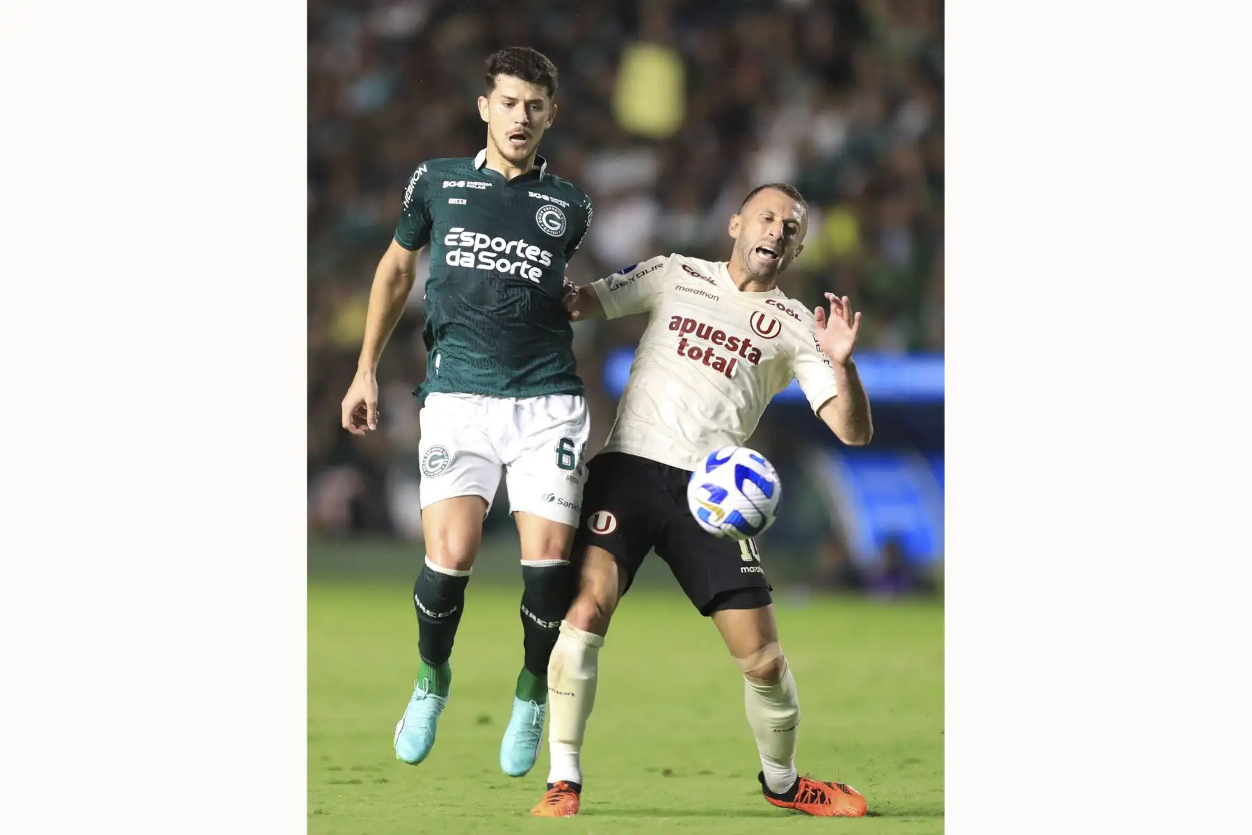 Hugo de Goias disputa un balón con Horacio Calcaterra de Universitario hoy, en un partido de la fase de grupos de la Copa Sudamericana entre Goias y Universitario en el estadio da Serrinha en Goiania (Brasil).
Foto: EFE