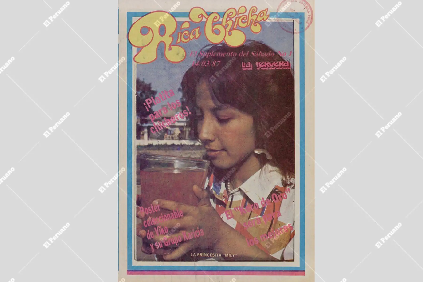 La cantante Princesita Mily, vocalista del grupo Halley, en la portada del suplemento Rica Chicha del diario La Tercera del 14 de marzo de 1987. Foto: Archivo Histórico de El Peruano