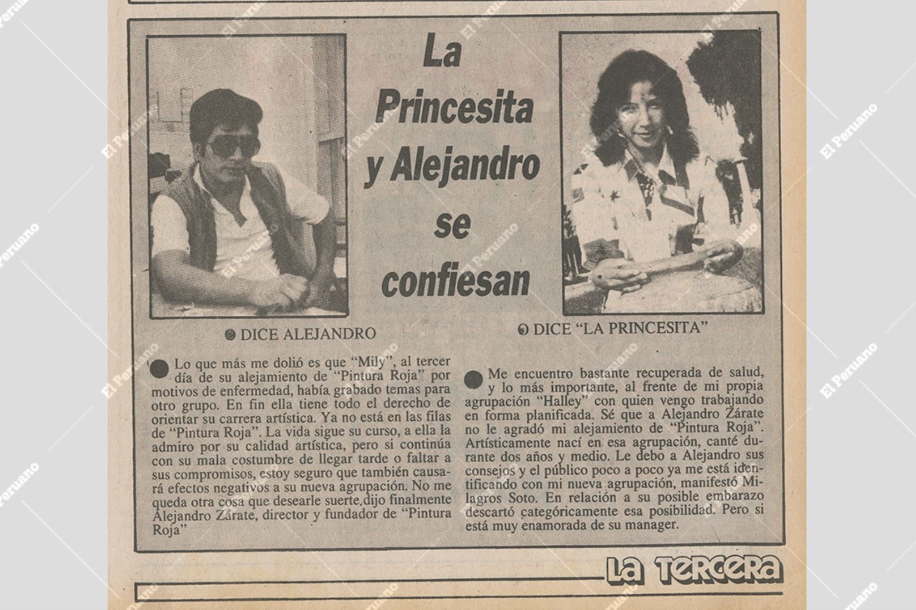 Nota periodística sobre la cantante Princesita Mily, vocalista del conjunto Halley, en el suplemento Rica Chicha del diario La Tercera. Foto: Archivo Histórico de El Peruano