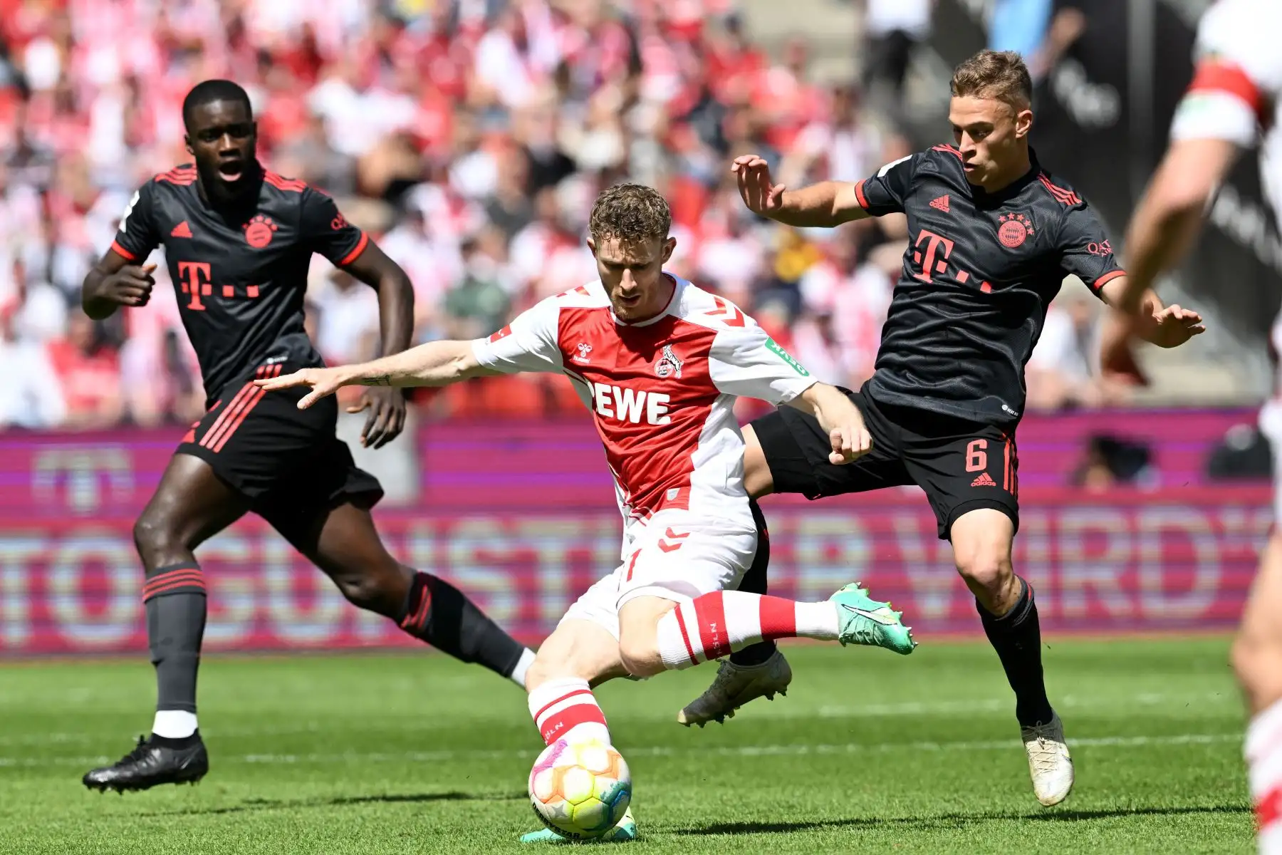 El centrocampista austríaco de Colonia, Florian Kainz, y el centrocampista alemán del Bayern de Múnich, Joshua Kimmich, compiten por el balón durante el partido de fútbol de la primera división alemana de la Bundesliga entre el FC Colonia y el FC Bayern de Múnich. Foto:ANDINA/ AFP