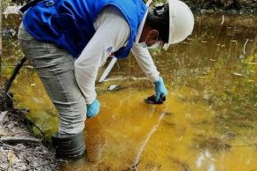 Profesionales de la ALA Iquitos tomaron muestras de agua superficial, a fin de evaluar la presunta afectación por hidrocarburos. Foto: ANA