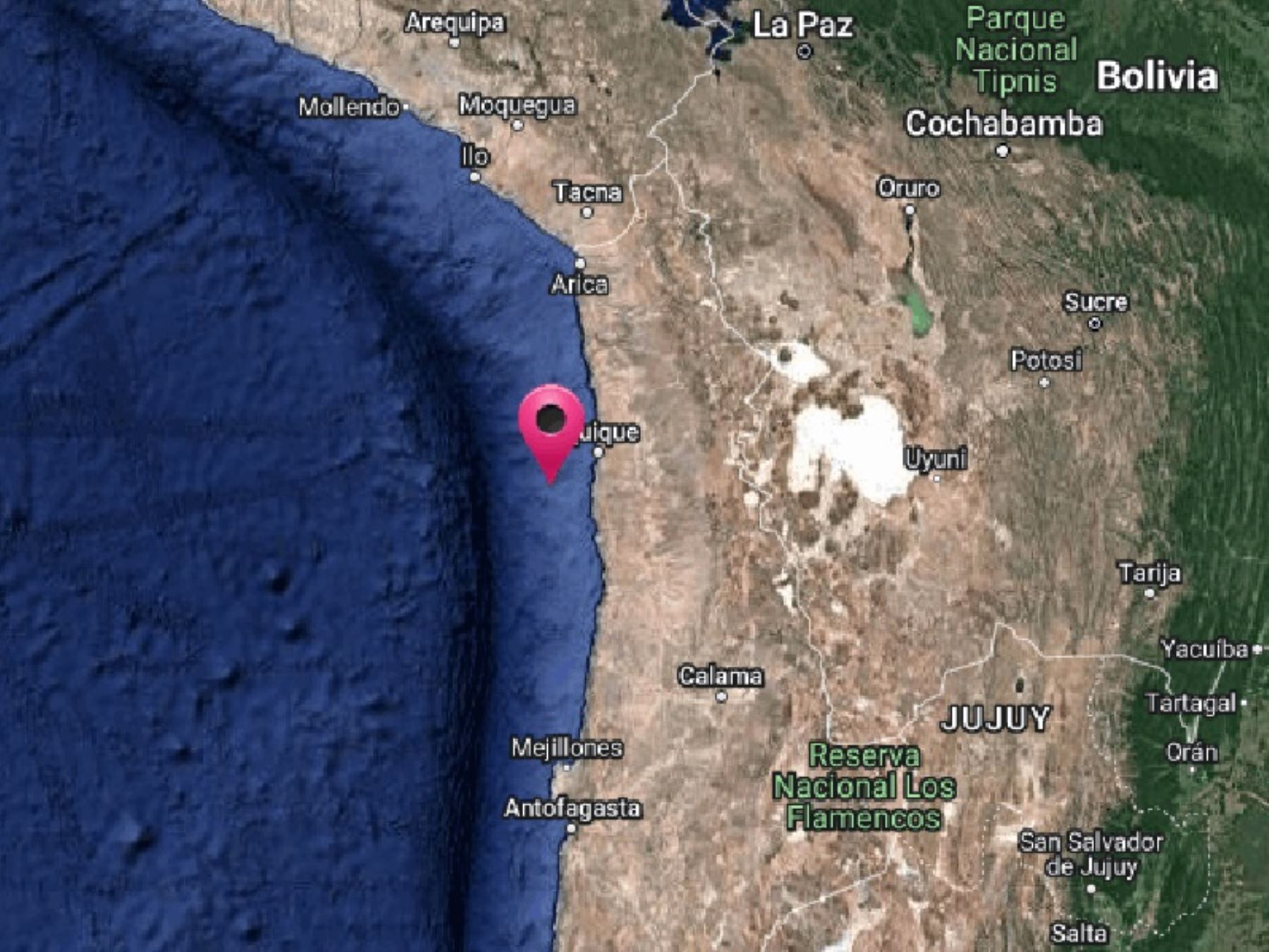 El epicentro del temblor de magnitud 5.6 se localizó en el océano Pacífico, a más de 280 km al sur de Tacna.