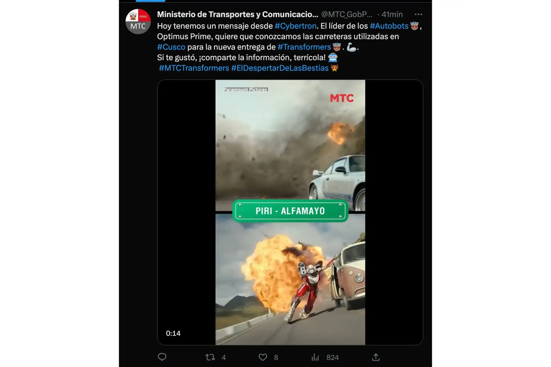 las carreteras usadas para la filmación de la sétima entrega de "Transformers" fueron: Piri-Abra Málaga, Cusco-Quillabamba, Piri-Alfamayo. Foto: Captura de Twitter