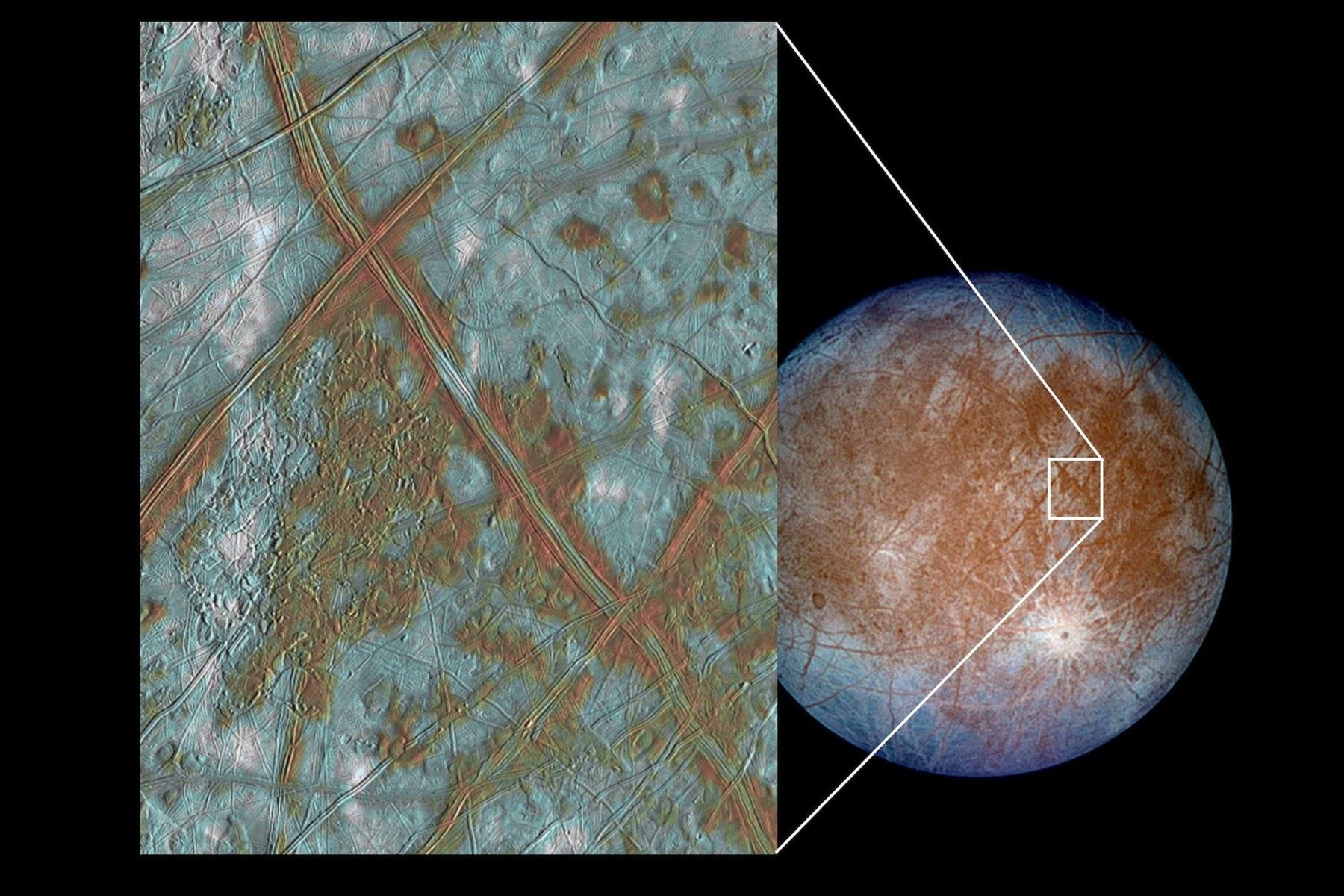 Europa es la luna de Júpiter que se encuentra cubierta por una capa de hielo. Foto: NASA