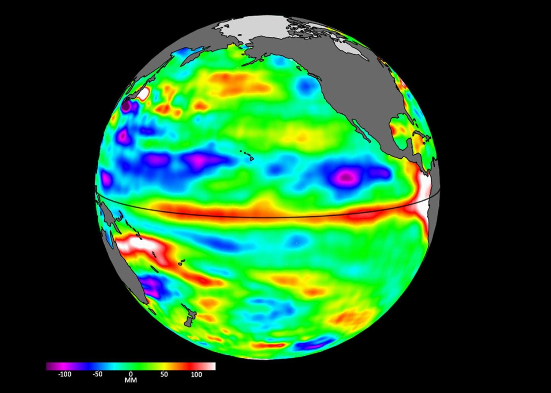 Imágenes de satélite de la NASA confirman primeros indicios de la formación un Fenómeno El Niño en el océano Pacífico, frente a las costas de Perú, Ecuador y Colombia. Foto: NASA/JPL-Caltech