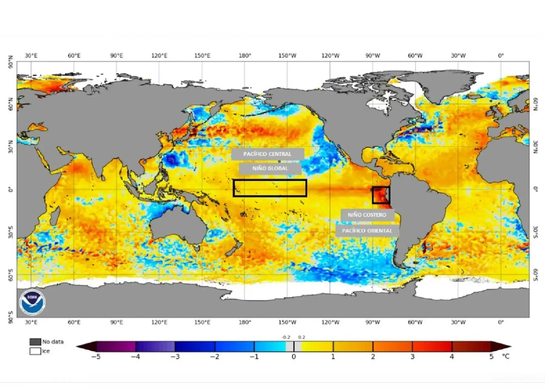 La Administración Nacional Oceánica y Atmosférica de EE.UU. (NOAA) confirmó la presencia del fenómeno El Niño global, evento climático que -según indicó- continuaría en los siguientes meses de este año, y estimó que existe una probabilidad del 56 % de que su manifestación tenga un impacto fuerte y un 84% que sea moderado. ANDINA/Difusión