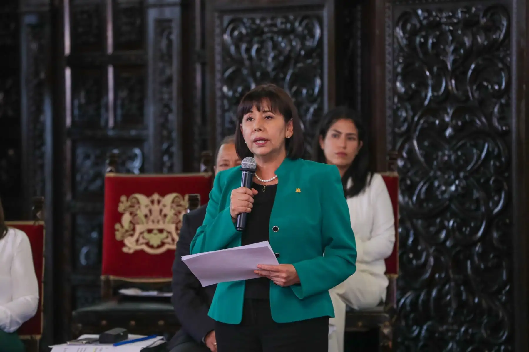 A seis meses de gestión del gobierno, la ministra Nancy Tolentino presenta logros del sector, en conferencia de prensa del III informe de avance de gestión, encabezada por la presidenta Dina Boluarte, junto con el premier Otárola y ministros de Estado. Foto:ANDINA/Difusion