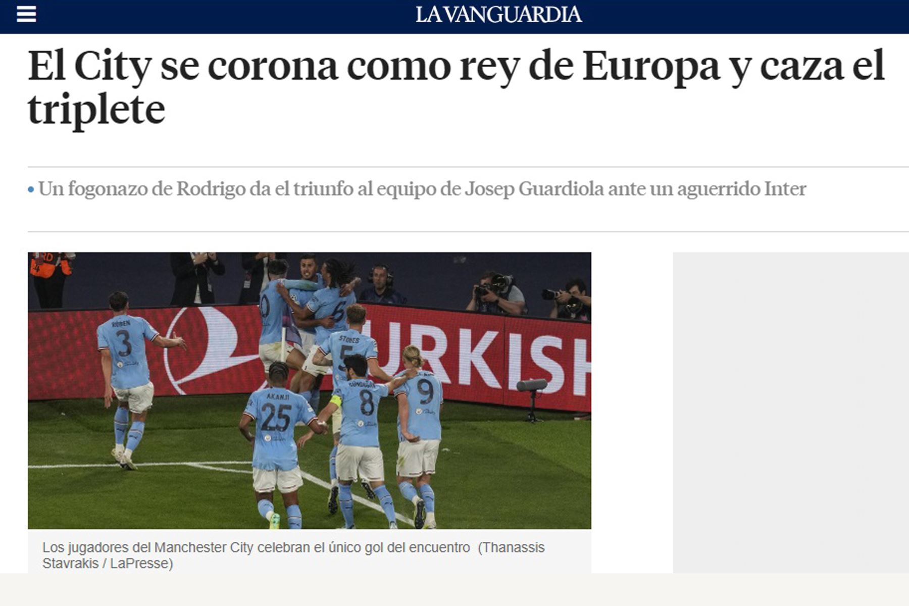 Así informan los medios internacionales el triunfo de Manchester City. En la imagen, portada del diario La Vanguardia.
Foto: Internet/Medios