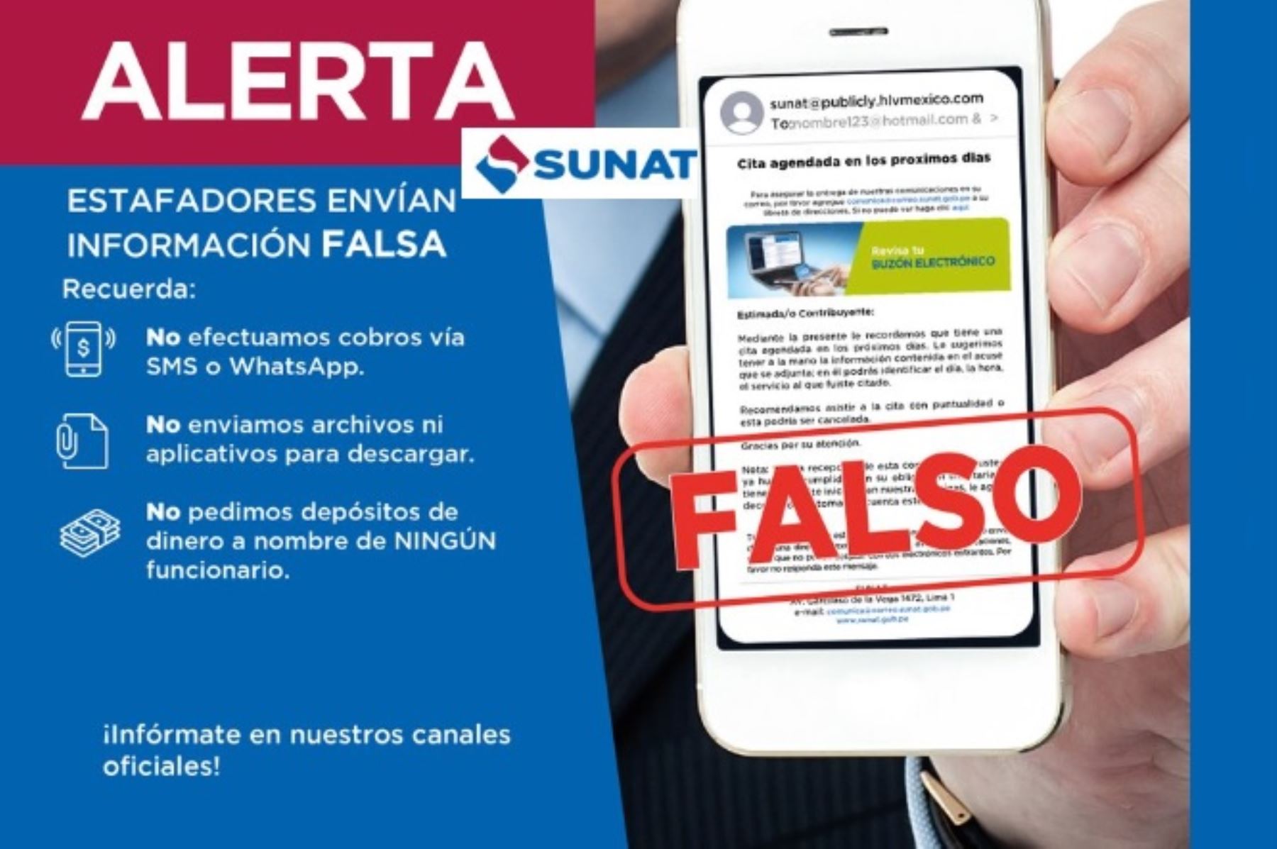 Sunat alerta a la población de estafadores que usan su nombre. Foto: Cortesía.