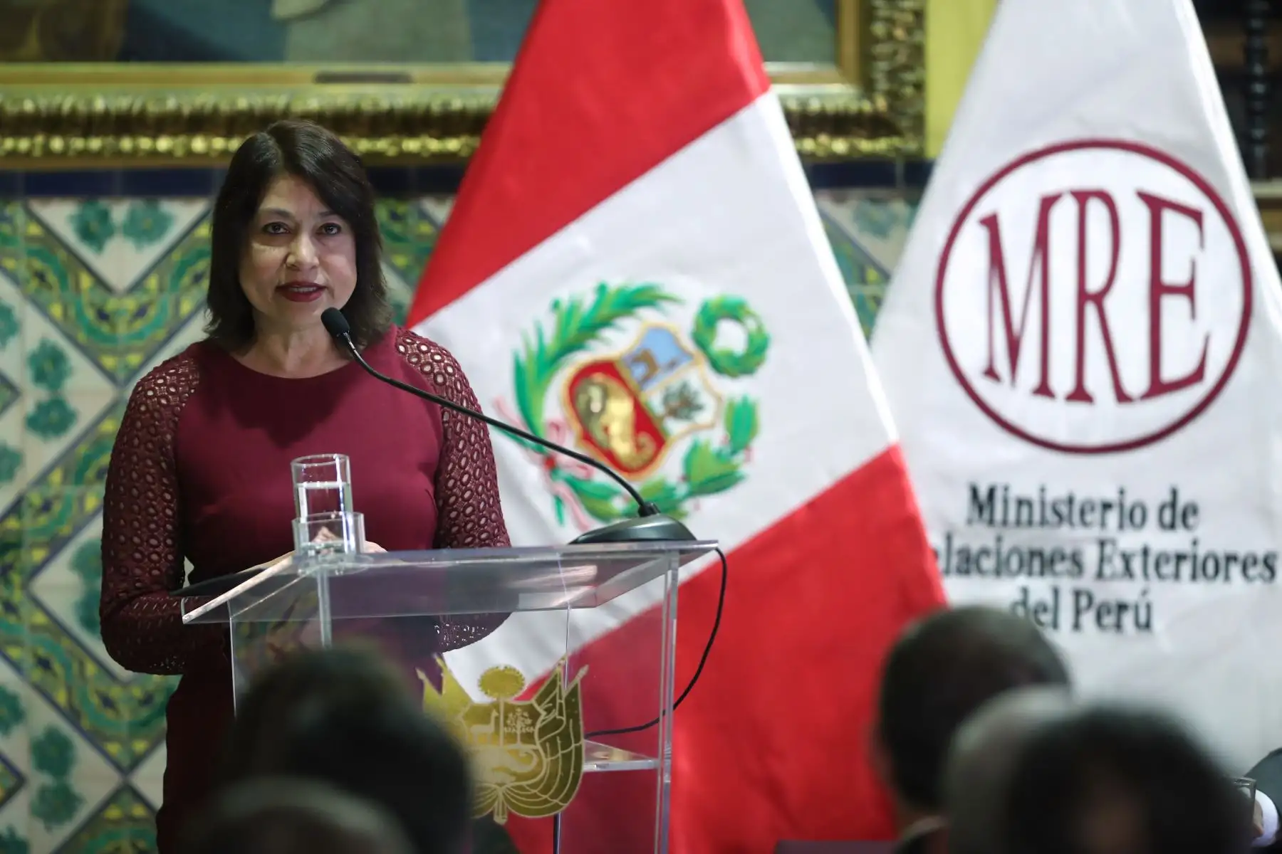 La ministra de Relaciones Exteriores, Ana Cecilia Gervasi, durante la ceremonia de presentación de la candidatura de Perú como miembro del Consejo de la Organización Marítima Internacional por el período 2024-2025. Foto: ANDINA/Daniel Bracamonte
