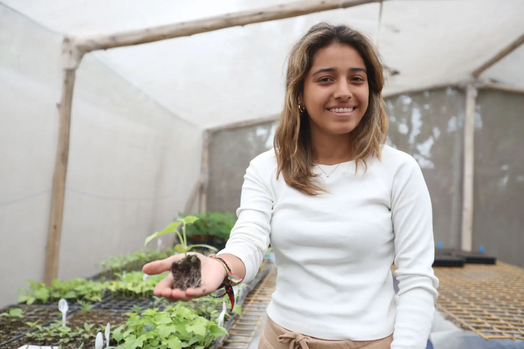 Ariana Castellanos es estudiante de tercer ciclo de Agronomía en la Universidad Nacional Agraria La Molina, y como parte de sus estudios, ayuda en el denominado "huerto" de dicha casa de estudios, en donde los estudiantes y egresados ponen en práctica todo lo aprendido en clases para hacer biohuertos. Foto: ANDINA/Daniel Bracamonte