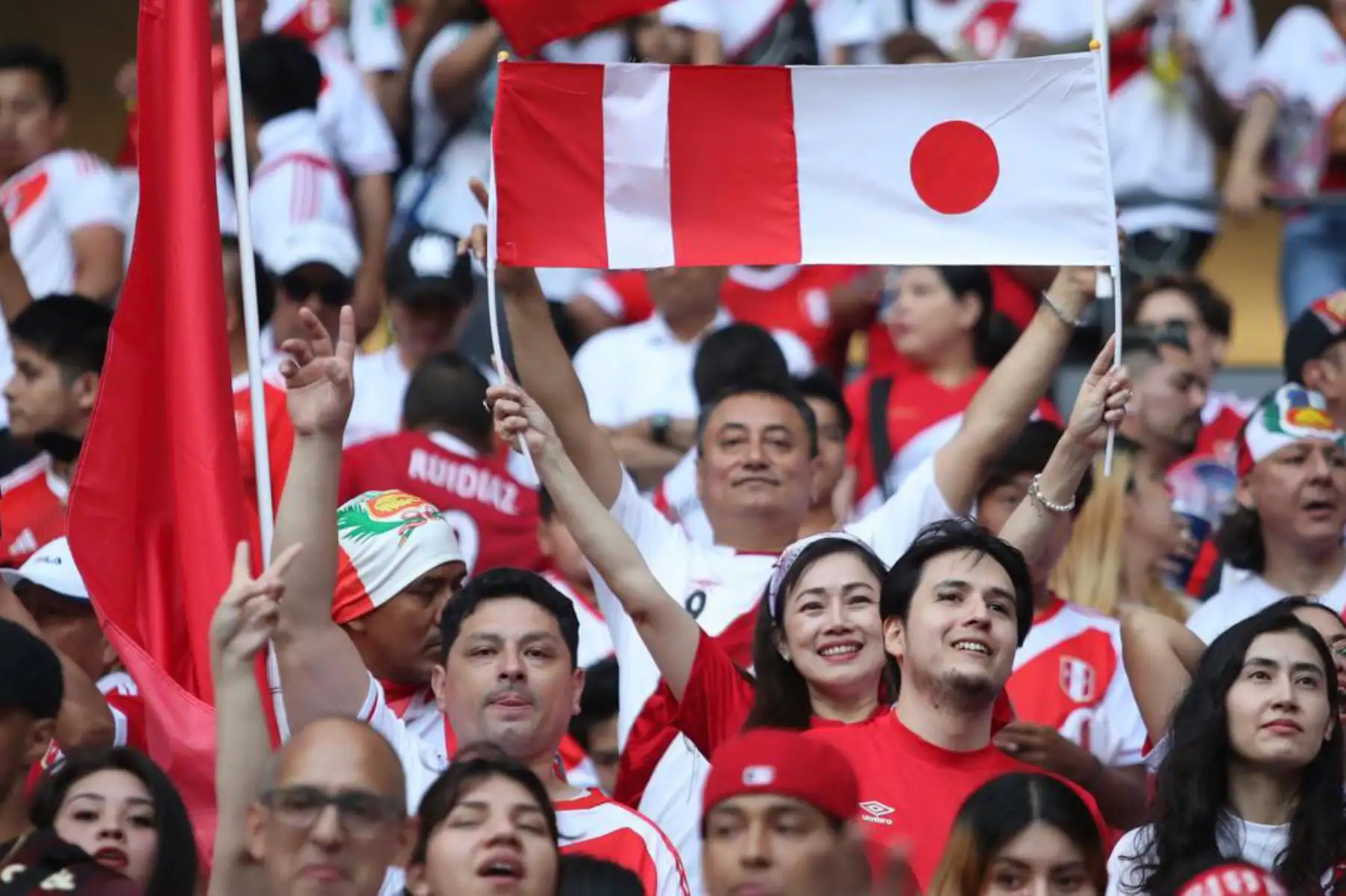 Hinchas peruanos alientan a la selección peruana en el Panasonic Staddium Suita . Foto: ANDINA/ FPF