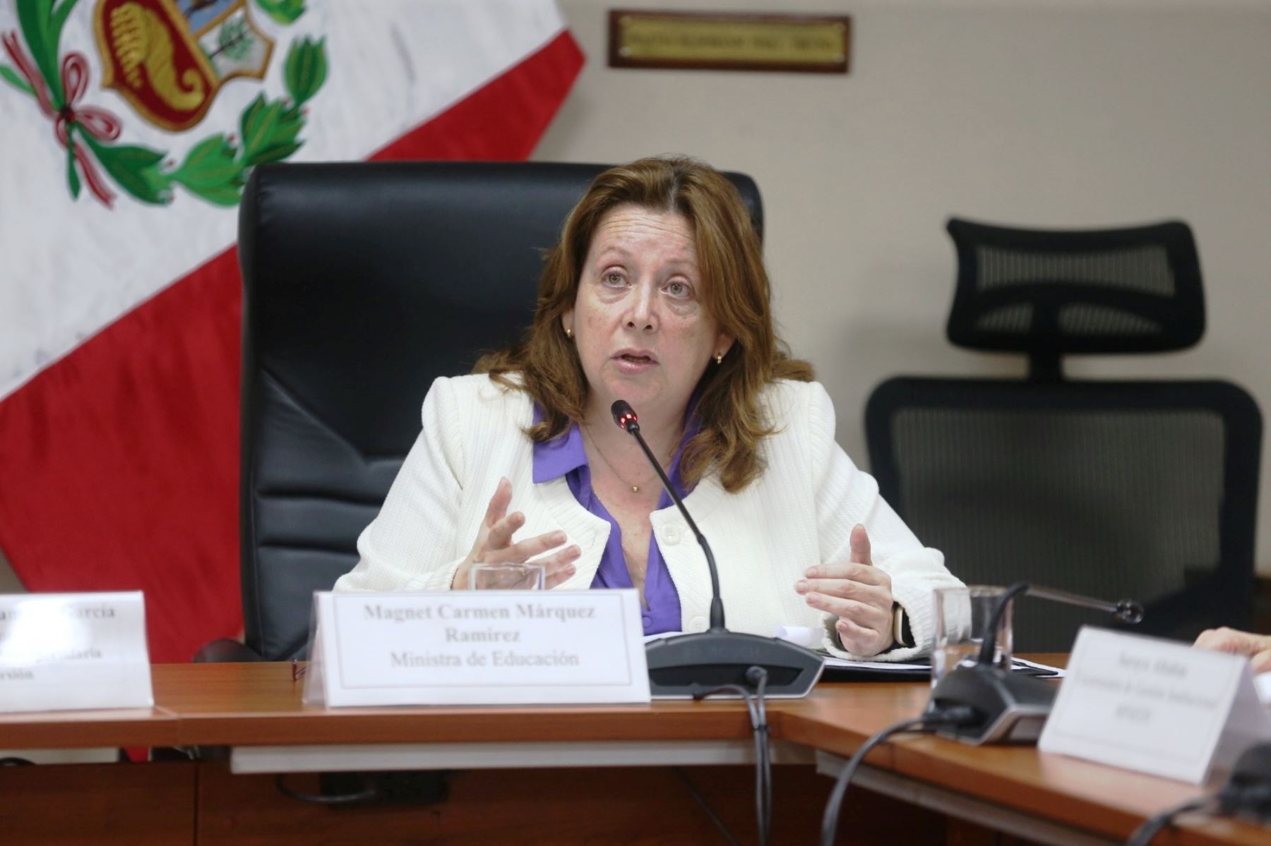 La ministra de Educación, Magnet Márquez, en la comisión de educación del Congreso de la República. Foto: ANDINA/Difusión.