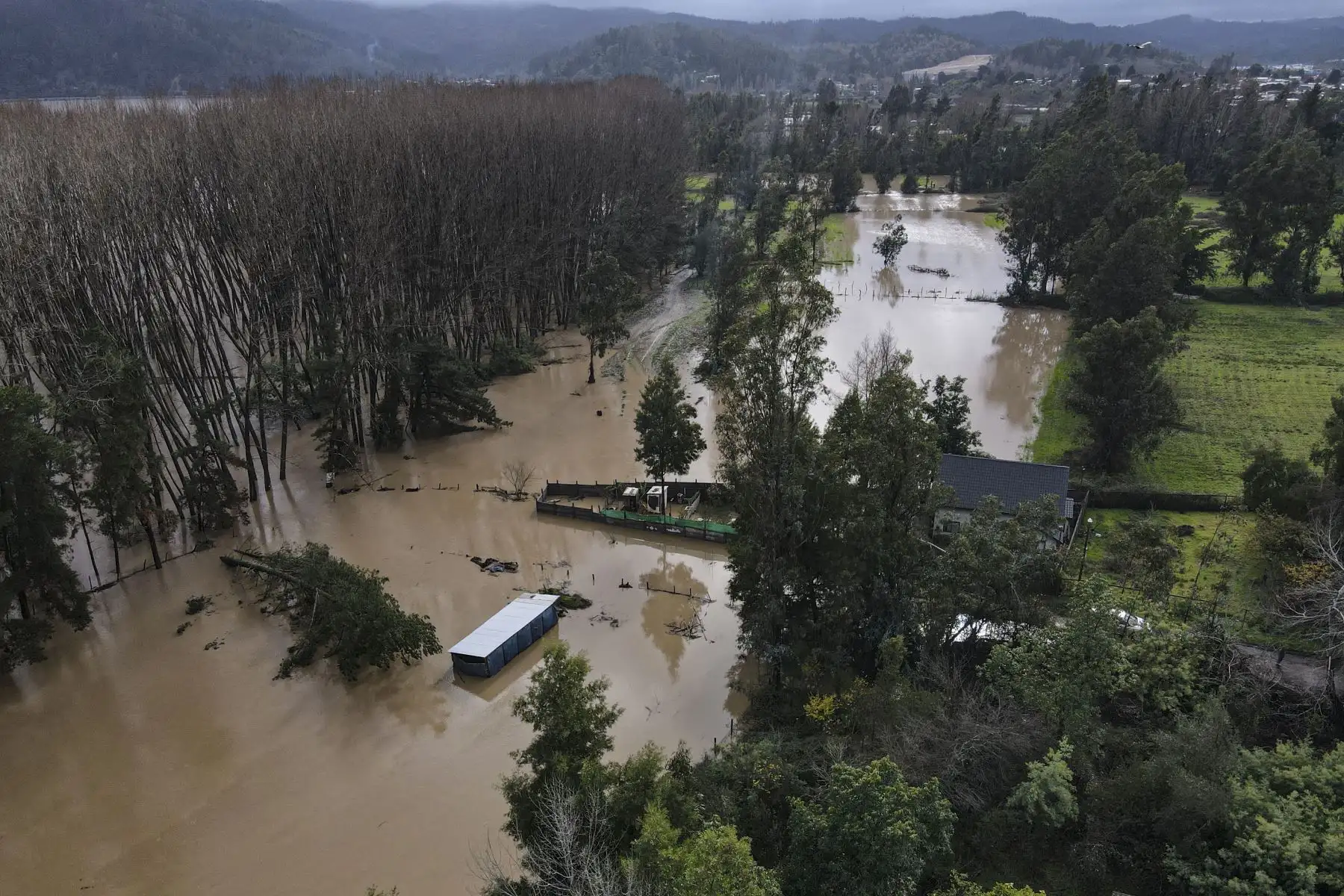 Vista aérea de la localidad de Hualqui, a unos 30 km al sur de Concepción, en el centro de Chile, tomada el 25 de junio de 2023, luego de que fuertes lluvias en la región provocaran el desbordamiento del río Biobío. Las lluvias en el centro de Chile han dejado dos muertos, seis desaparecidos, 7.977 aislados y 3.383 sin hogar, informó el 24 de junio la ministra del Interior, Carolina Toha.
Foto: AFP