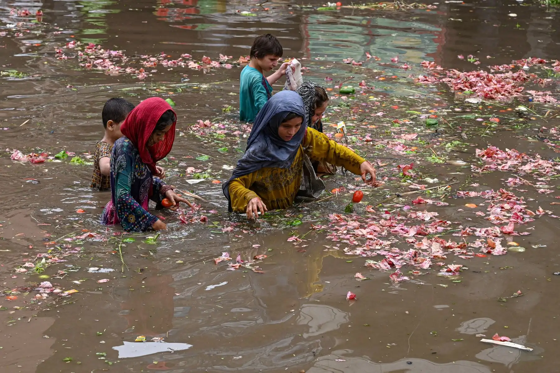 Los niños recogen verduras del agua en un mercado inundado después de fuertes lluvias en Lahore.
Foto: AFP