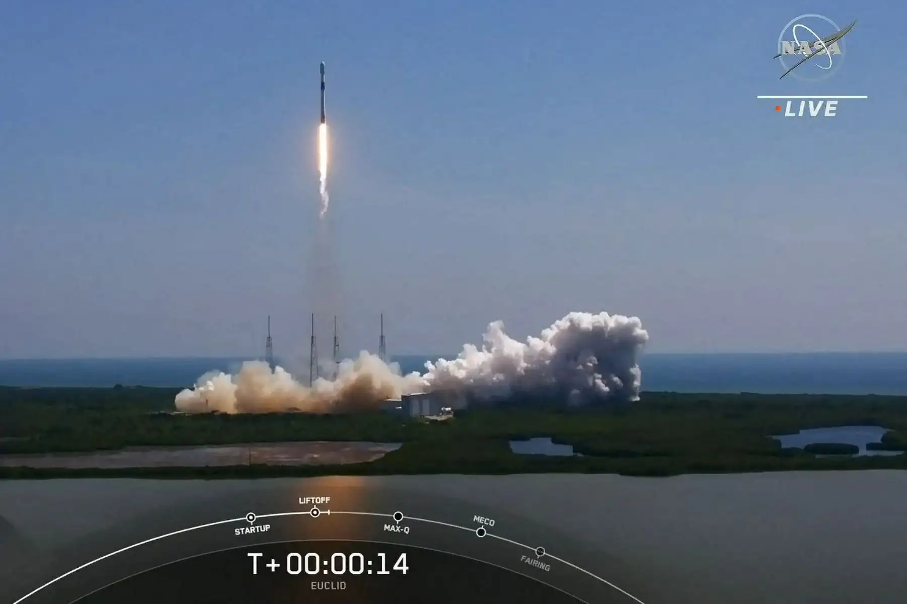 En esta imagen fija tomada de una transmisión de televisión de la NASA, el telescopio espacial Euclid de la Agencia Espacial Europea (ESA) se lanza en un cohete SpaceX Falcon 9 desde el Centro Espacial Kennedy en Cabo Cañaveral, Florida.
Foto: AFP